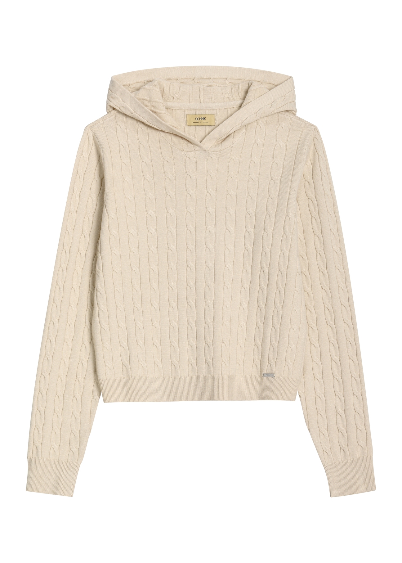 Beżowy sweter damski z kapturem BLZDT-0124-1A(Z26) - widok produktu z przodu, na białym tle. 