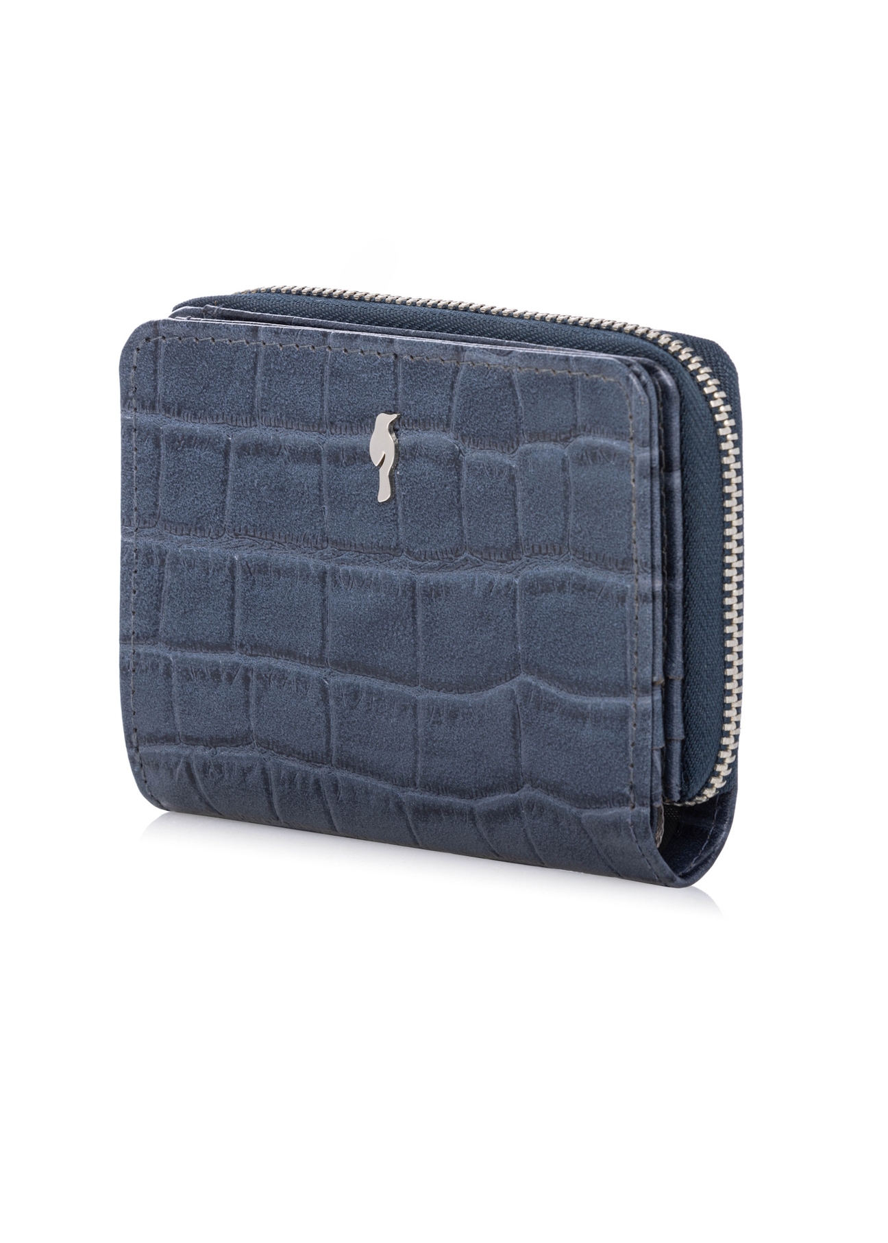 Granatowy portfel damski croco PORES-0888-7D(W26), widok produktu skosem na białym tle.