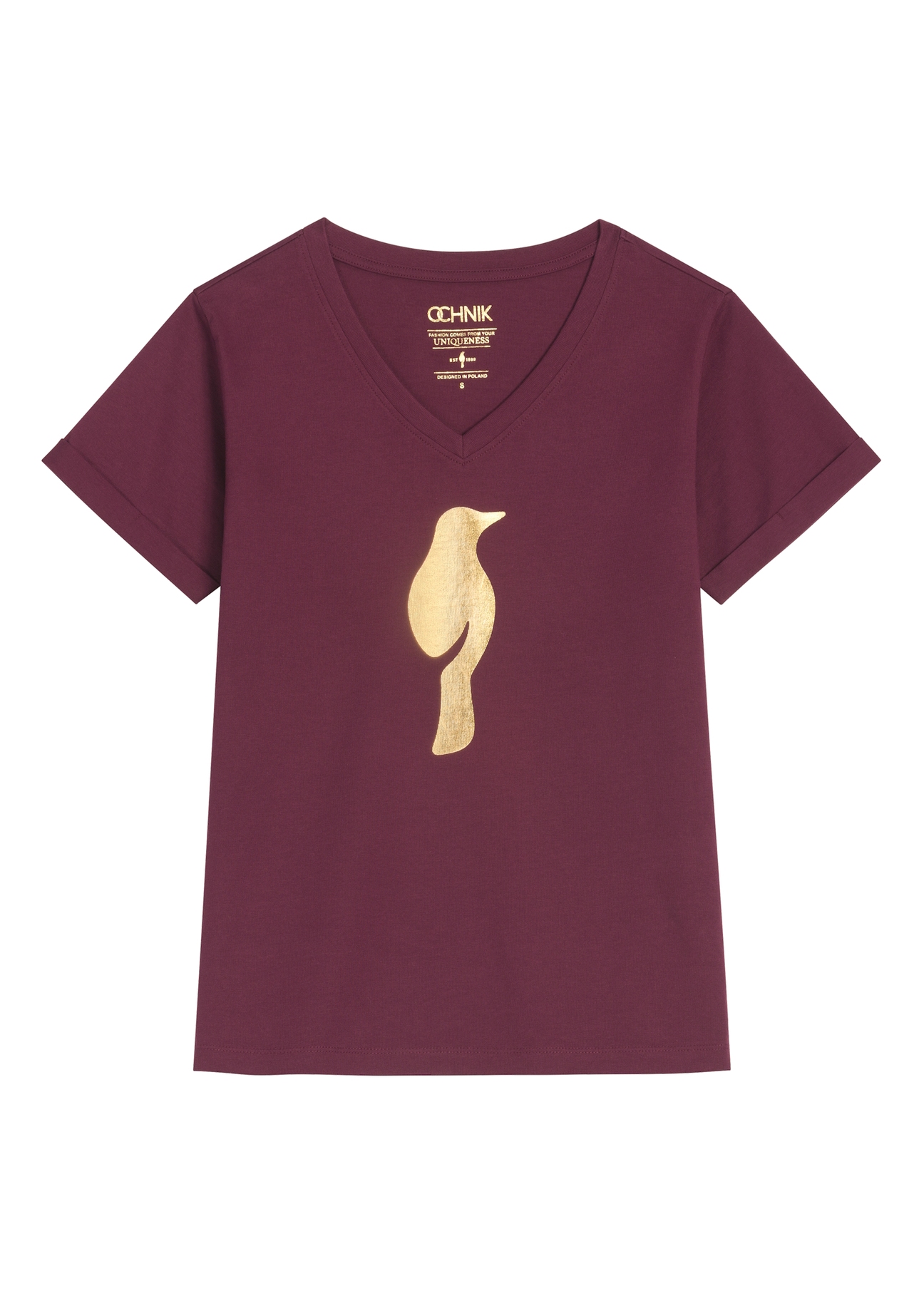 Bordowy t-shirt damski TSHDT-0149-4D(Z26), widok produktu od przodu na białym tle.
