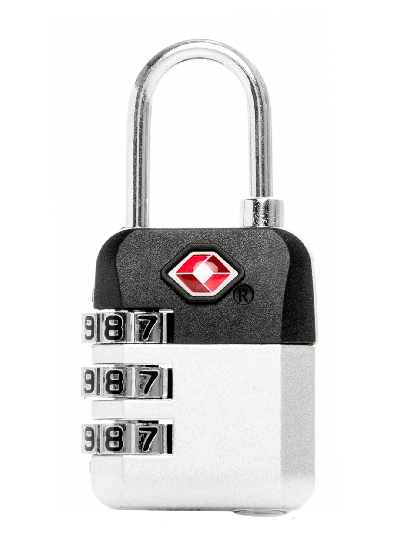 Srebrna szyfrowa kłódka TSA AW-015-0004-9X(W26), widok produktu z tyłu na białym tle.