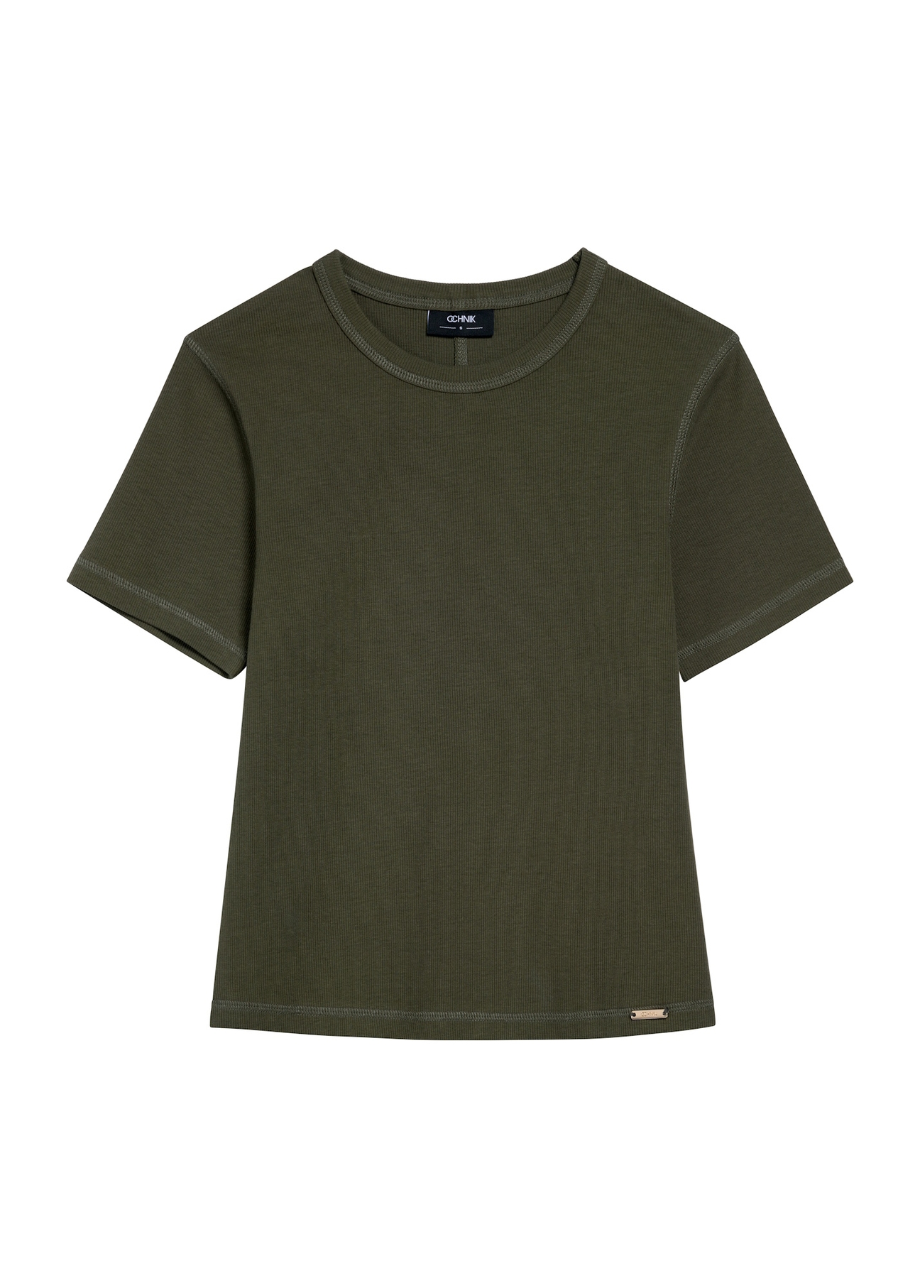 T-shirt damski w kolorze khaki TSHDT-0145-55(Z25), widok produktu z przodu na białym tle.