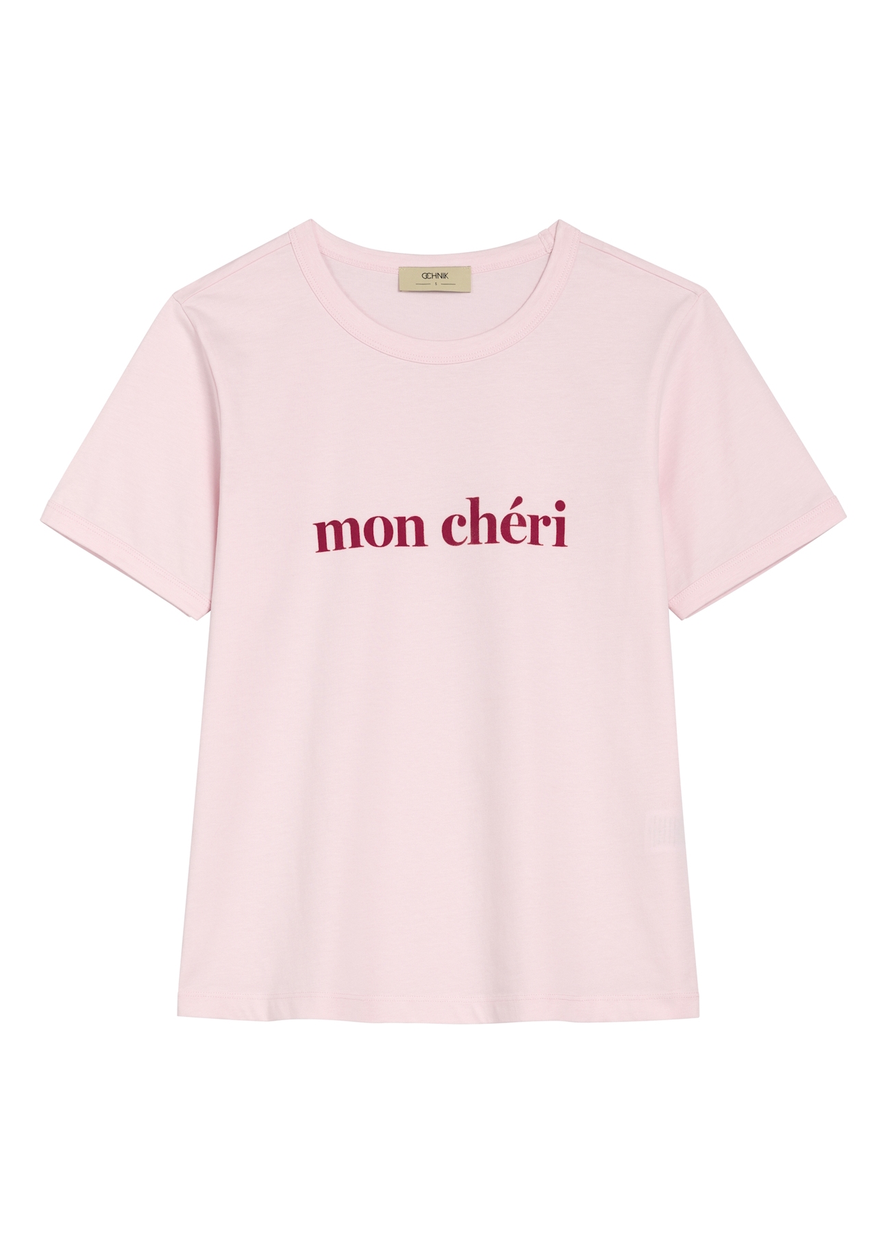 Różowy T-shirt damski z nadrukiem TSHDT-0152-5A(W26) - widok produktu przodu, na białym tle. 