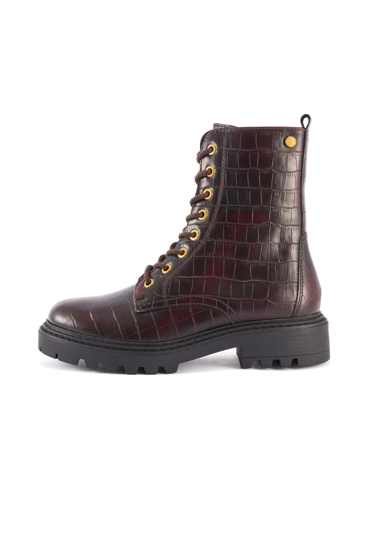 Bordowe botki damskie croco BUTYD-1192-90(Z25), widok produktu z boku na białym tle.