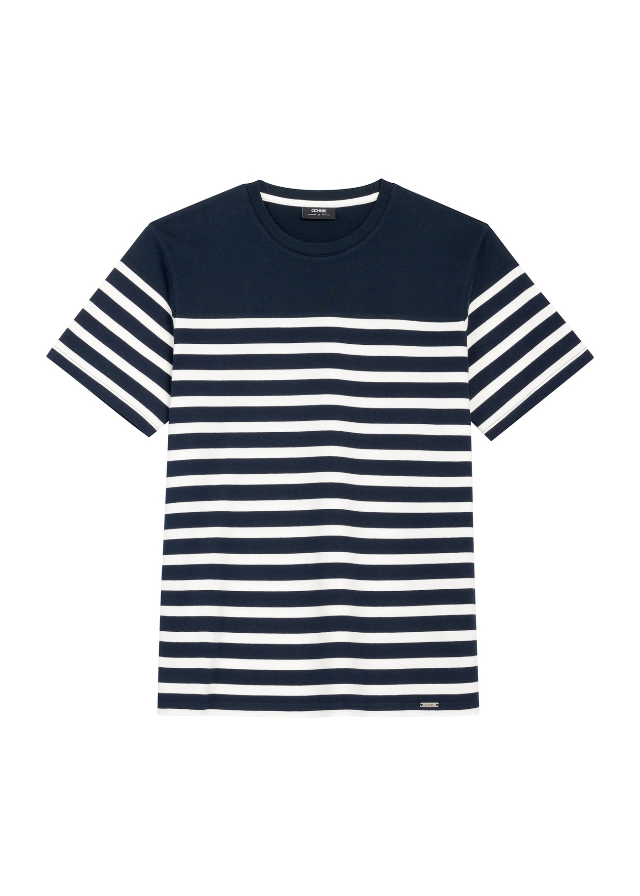 T-shirt granatowy męski w paski TSHMT-0139-7E(W26) - widok produktu z przodu na białym tle.