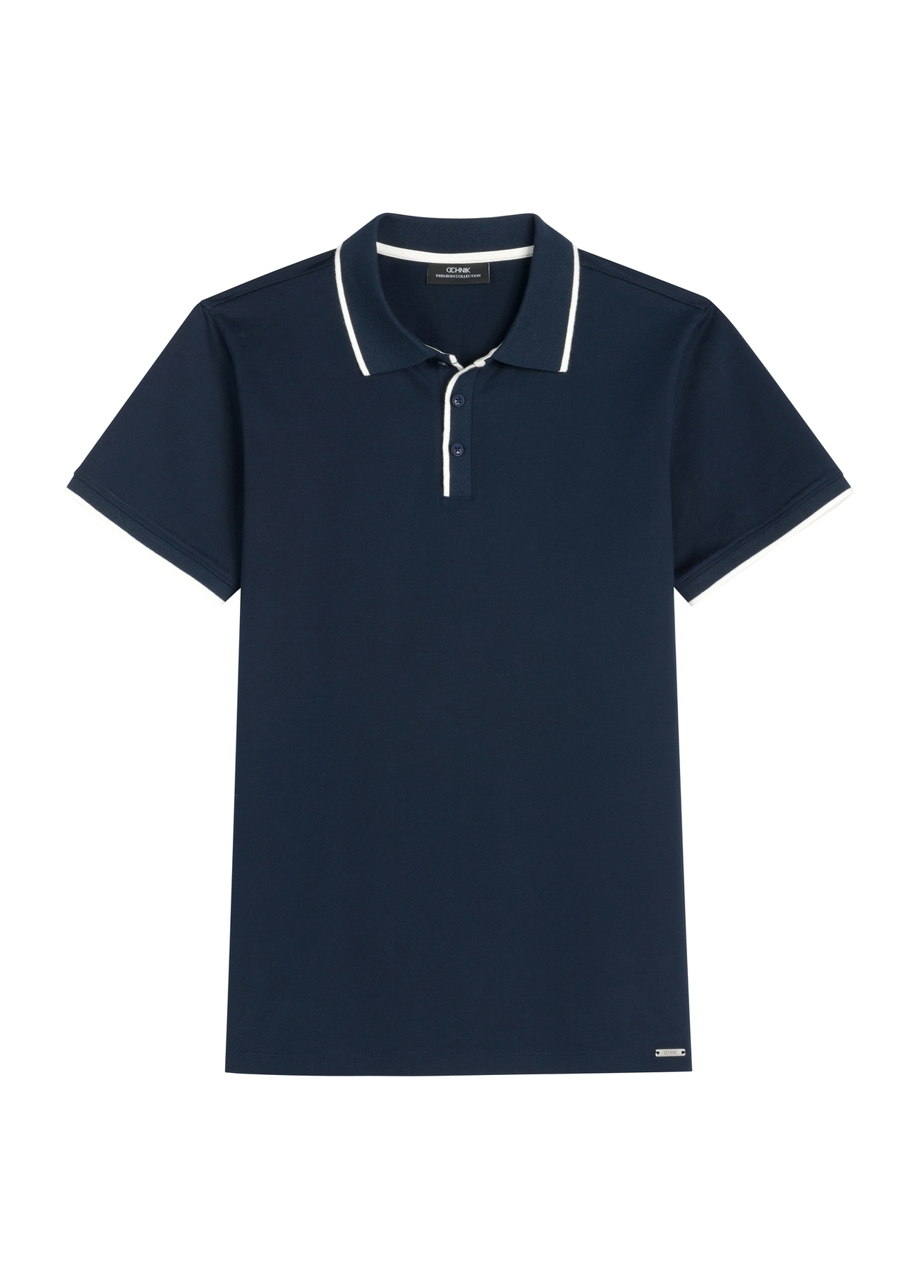 Męska ciemnogranatowa koszulka polo POLMT-0092-7E(W26) - widok produktu z przodu, na białym tle. 