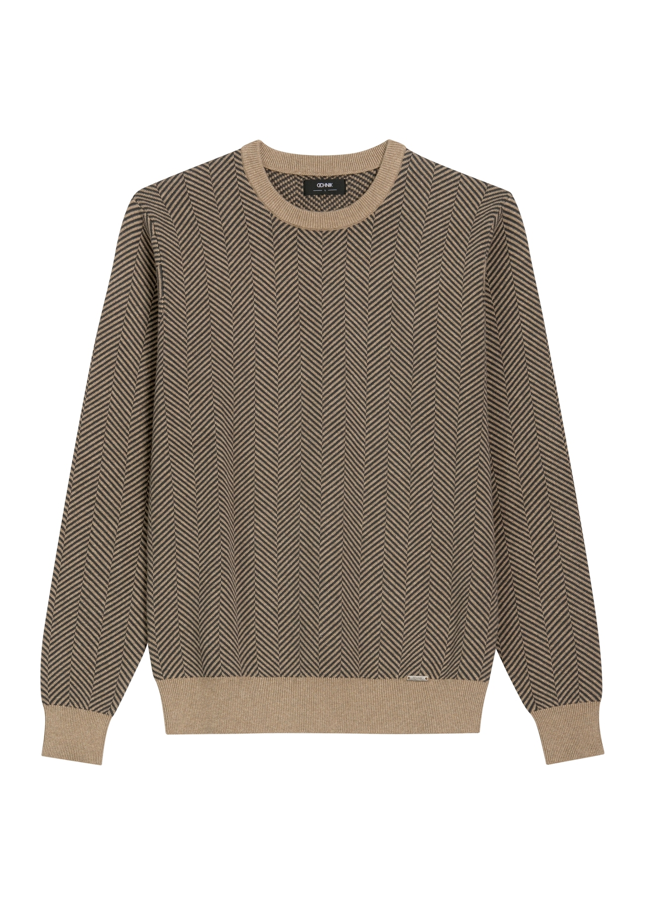 Ciemnobeżowy sweter męski we wzory SWEMT-0195-1D(Z26) - widok produktu z przodu, na białym tle. 
