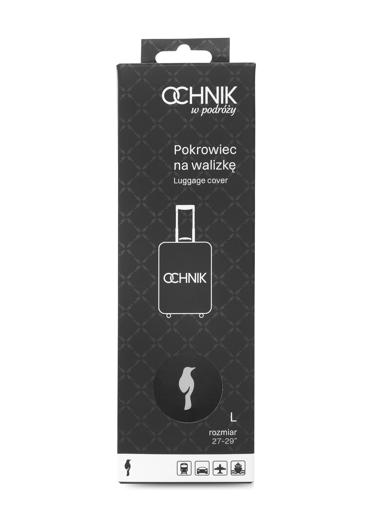 Czarny pokrowiec na dużą walizkę AW-013-0002-99-L(W25), widok produktu w opakowaniu na białym tle.