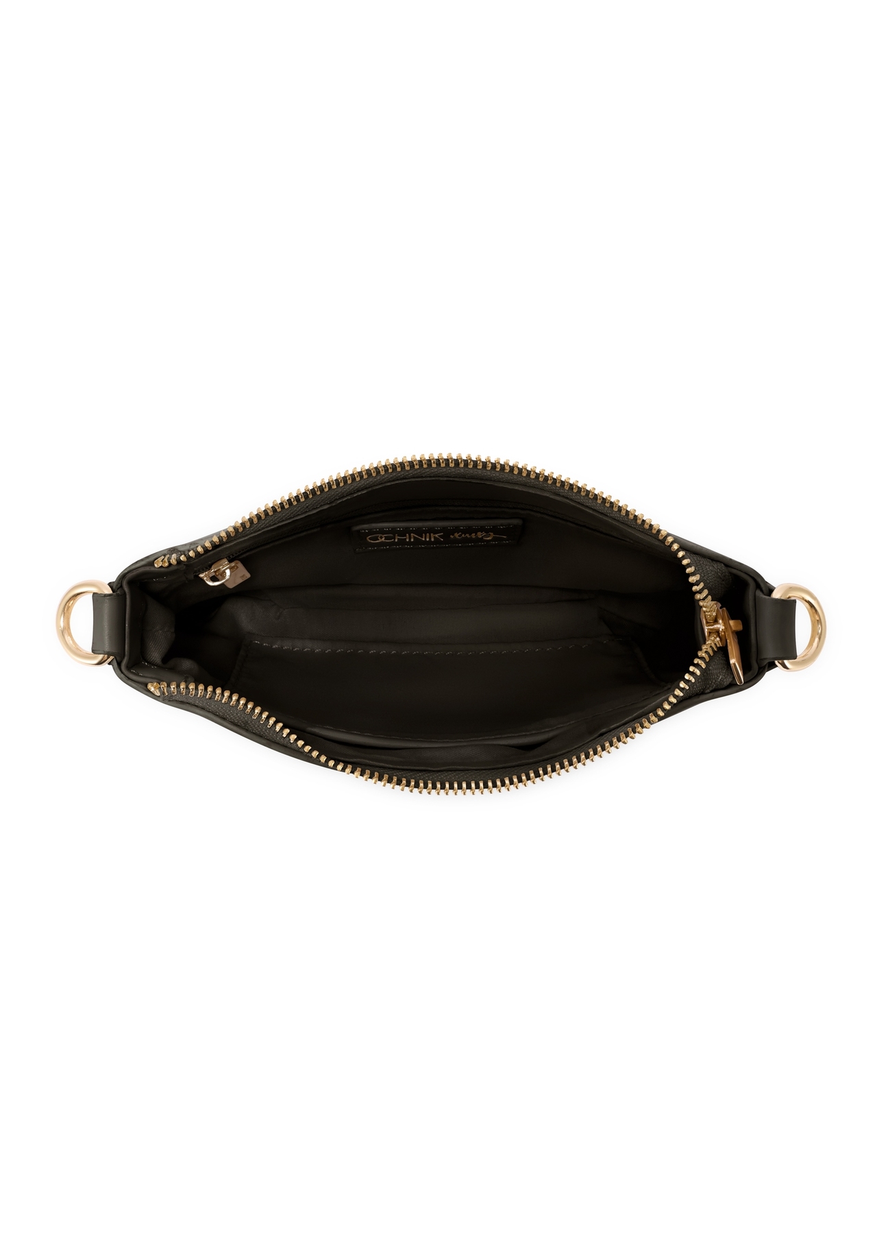 Mała czarna torebka damska TOREC-1188-99(W26), widok produktu od góry na białym tle.