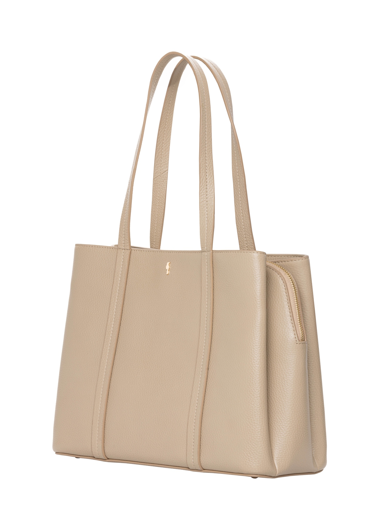 Beżowa skórzana torebka shopper TORES-1342-1B(Z26), widok produktu skosem na jasnym tle.