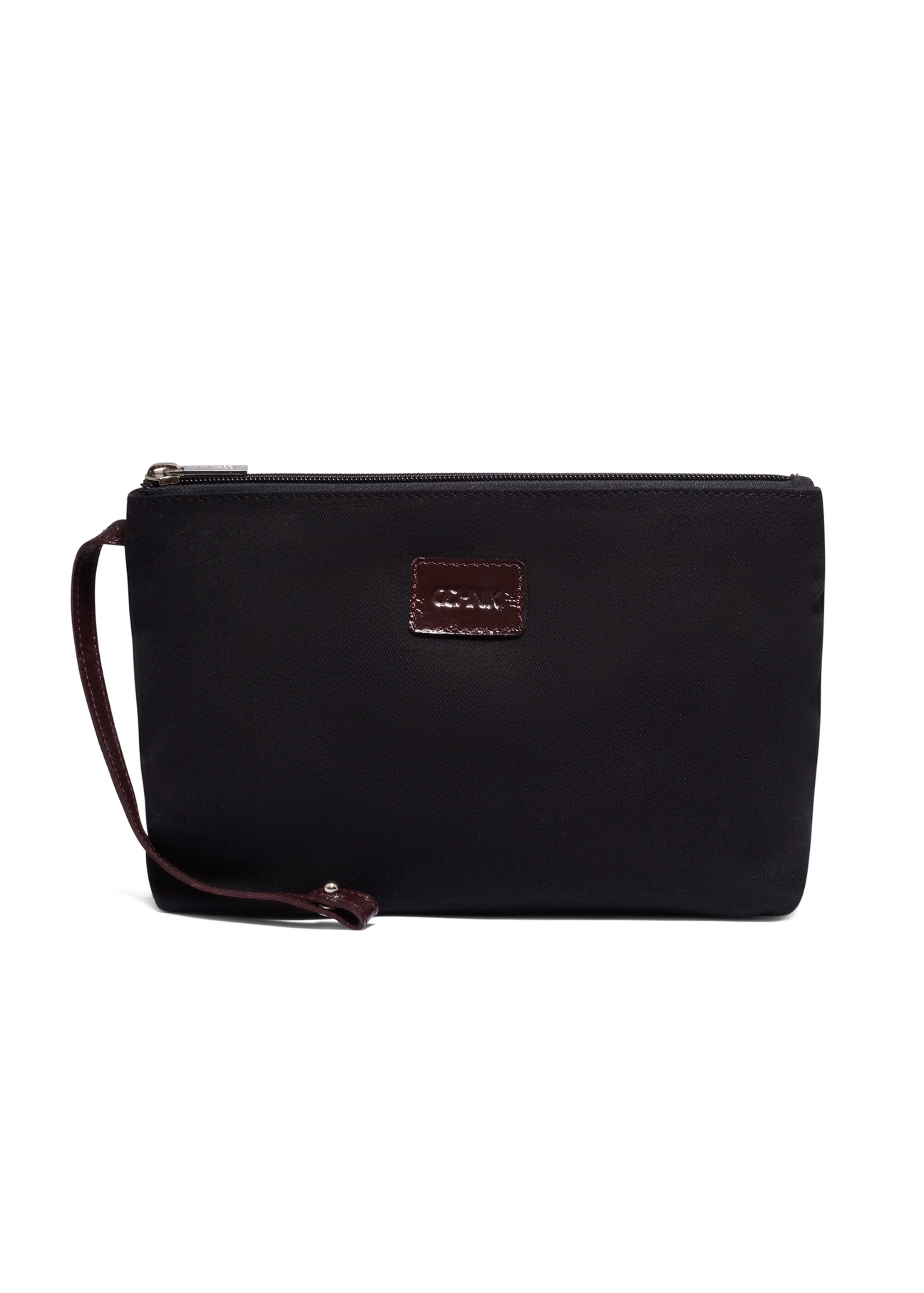 Bordowa skórzana torebka shopper TORES-1372-4D(Z26), widok kosmetyczki z przodu na białym tle.