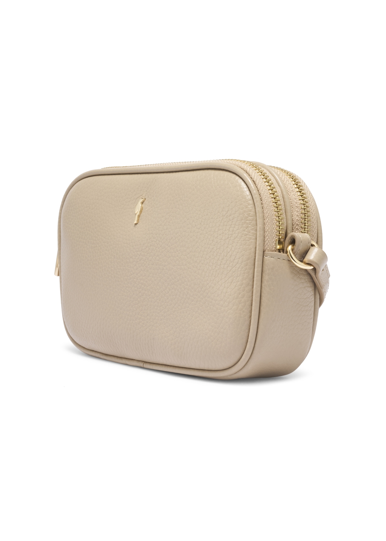 Mała skórzana torebka damska w kolorze beżowym TORES-1152-1B(Z26). Widok na bok skosem na białym tle.