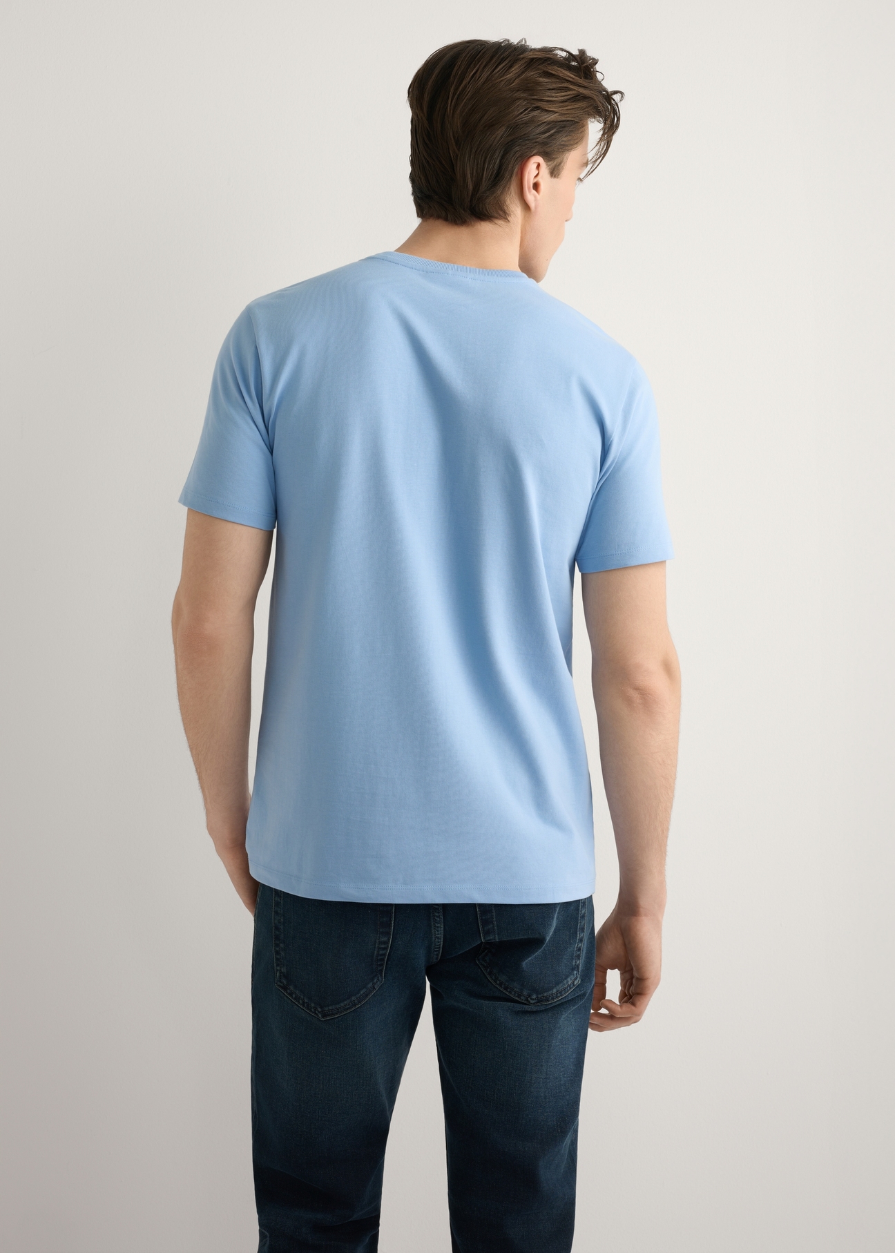 Niebieski T-shirt męski TSHMT-0137-7B(W26), widok produktu od tyłu na modelu, widoczna połowa sylwetki.