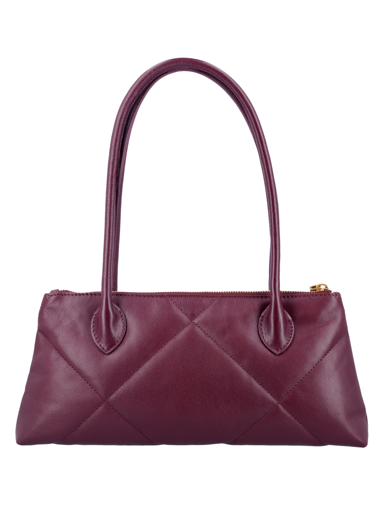 Bordowa, trapezowa torebka damska z dekoracyjnymi przeszyciami TORES-1363-4D(Z26), widok produktu z tyłu na bialym tle.