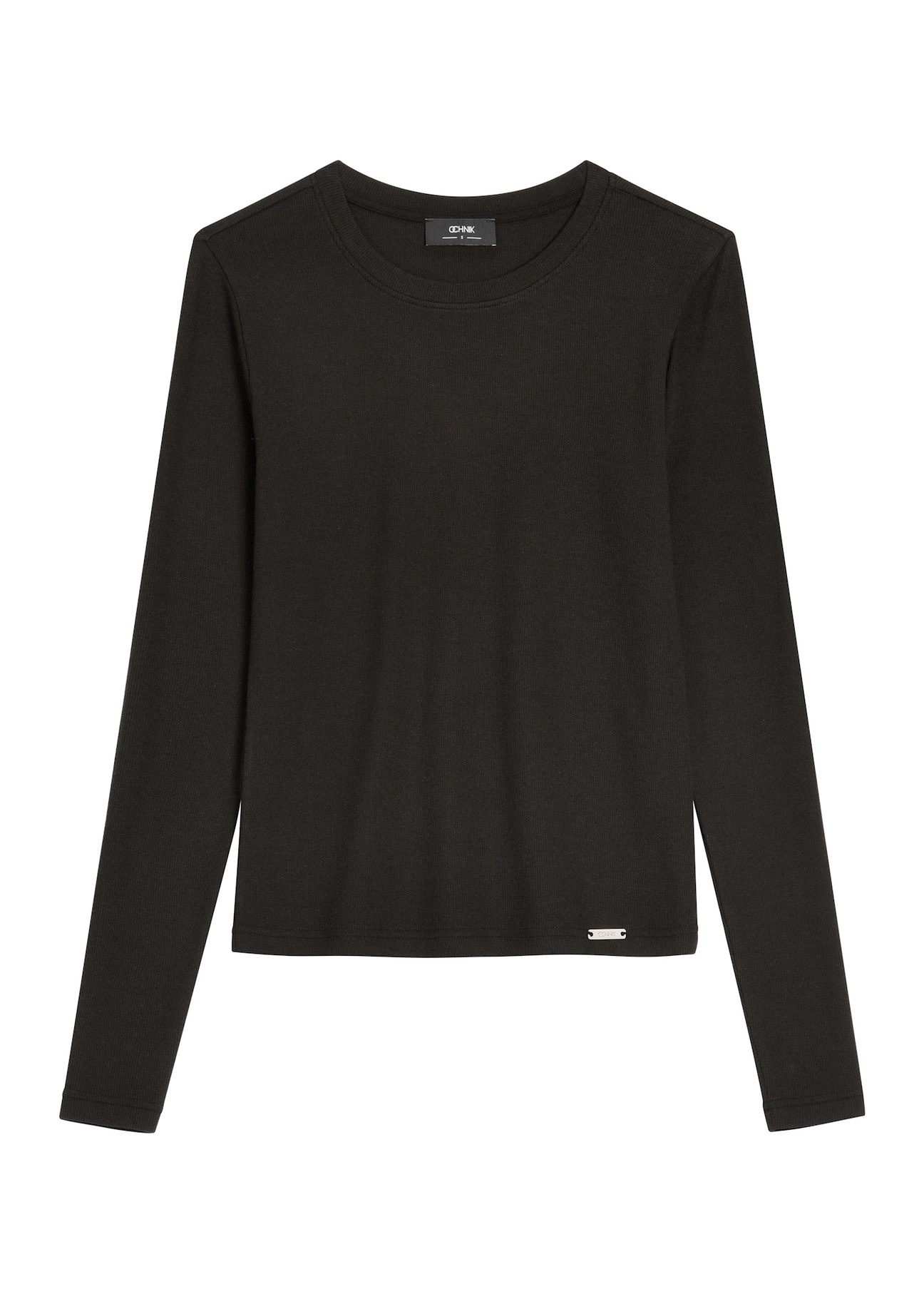 Czarny prążkowany longsleeve damski LSLDT-0058-99(Z26) - widok produktu z przodu, na białym tle. 