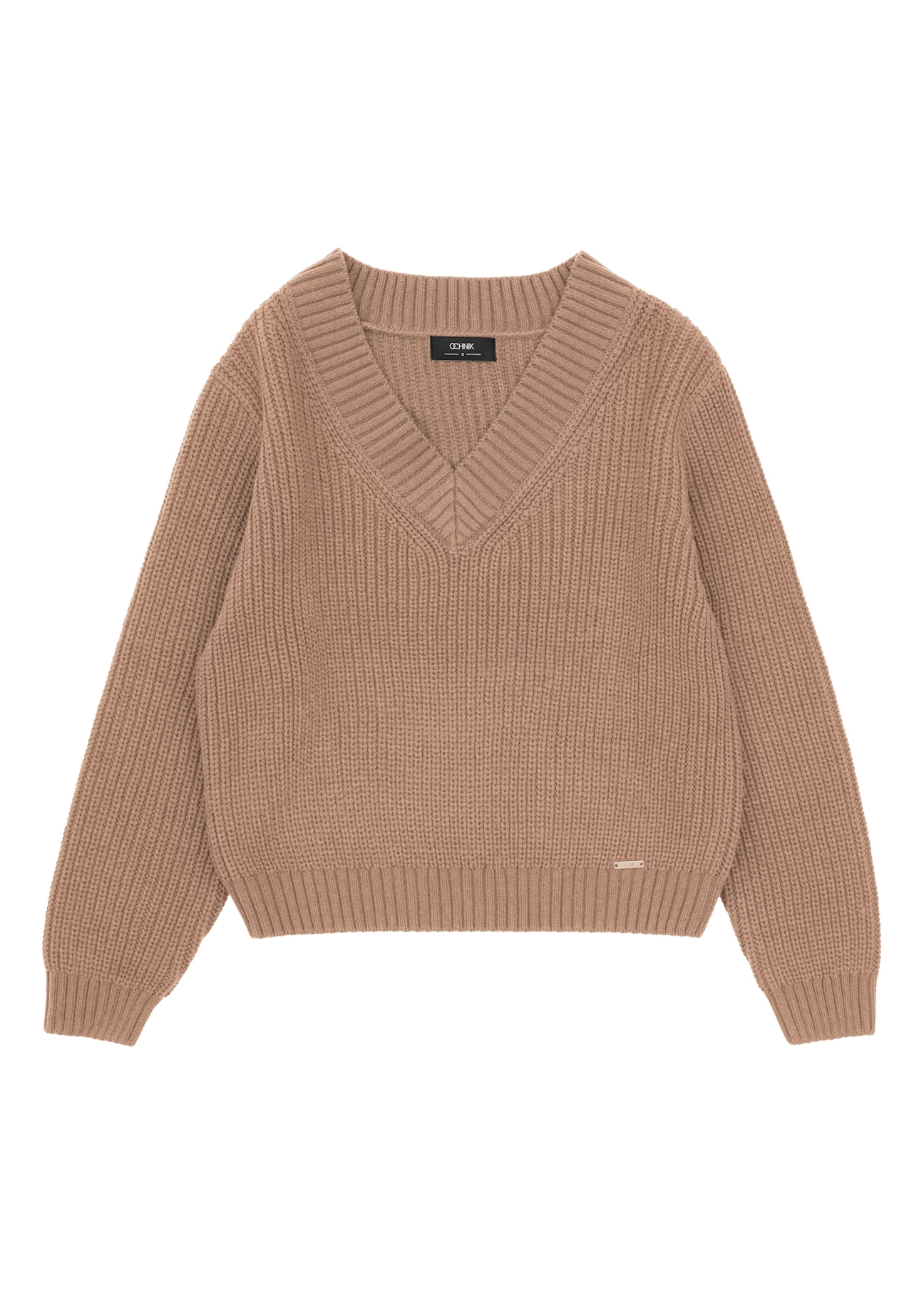 Camelowy sweter dekolt V damski SWEDT-0162-83(Z25)