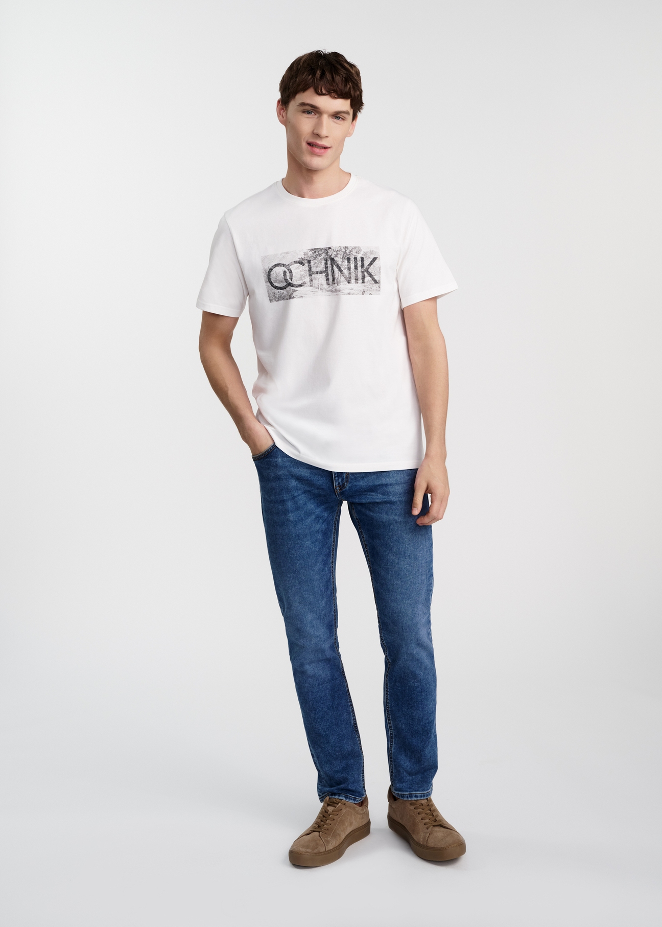 Biały t-shirt męski z logotypem TSHMT-0128-12(W25)-03
