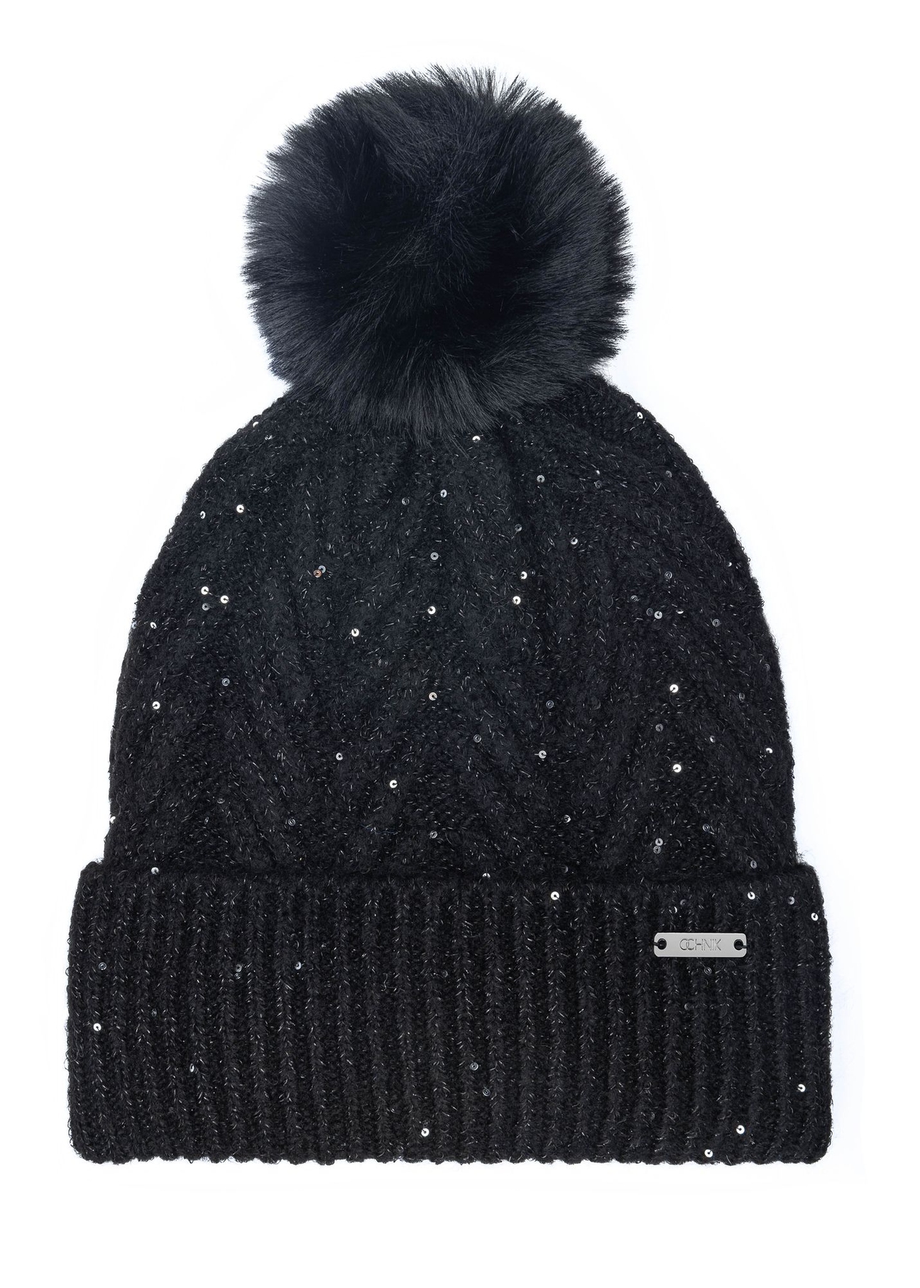 Czarna czapka damska z pomponem CZADT-0175-99(Z23)-02