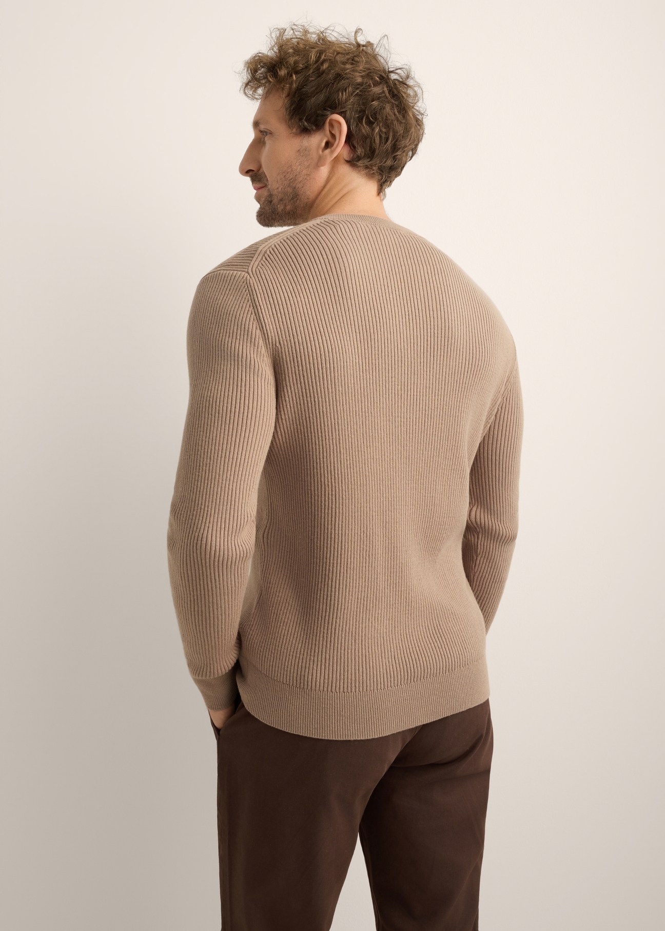 Camelowy wełniany sweter męski Jasnobrązowy sweter męski SWEMT-0202-1K(Z26). Widok produktu z tylu na modelu. Widok połowa sylwetki.
