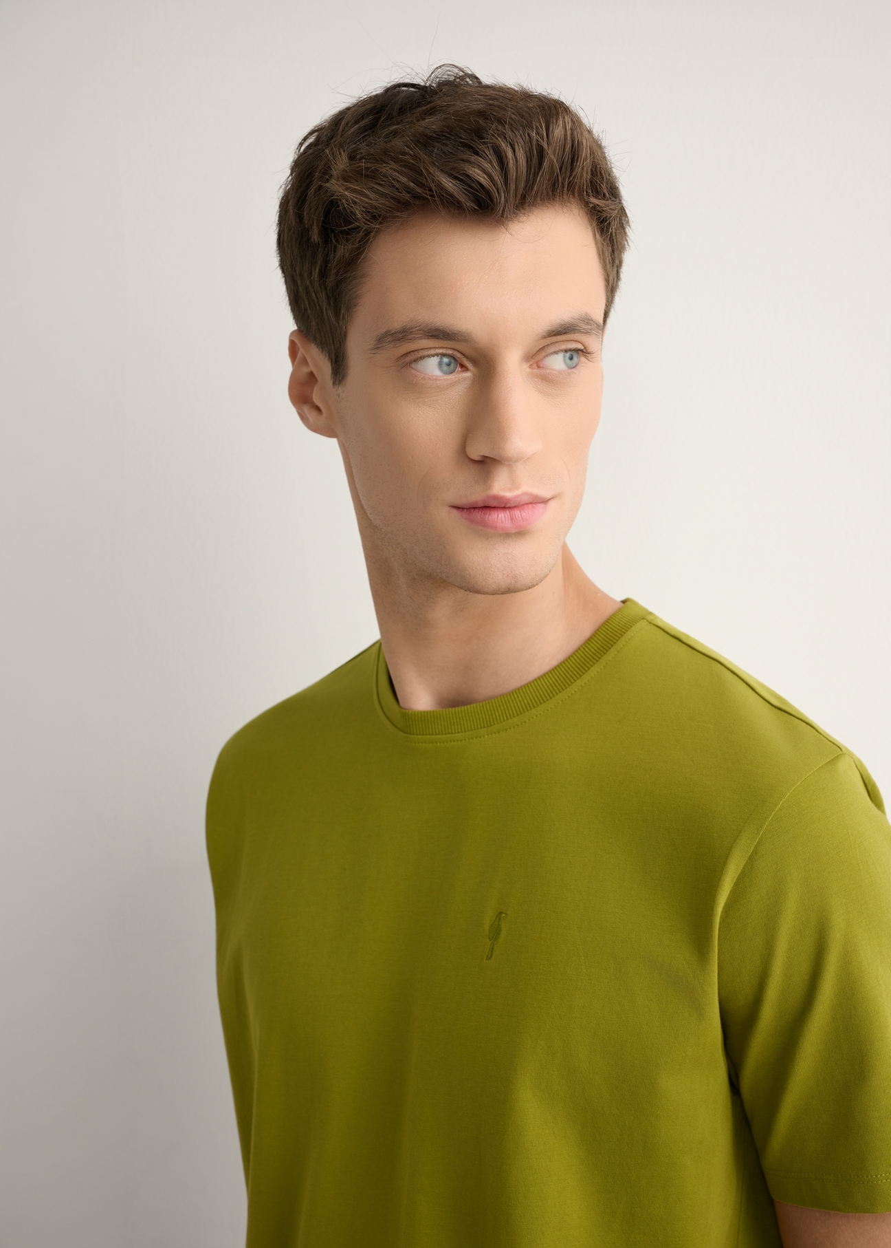 Oliwkowy T-shirt męski TSHMT-0120-8E(W26), zbliżenie na detal produktu na modelu.