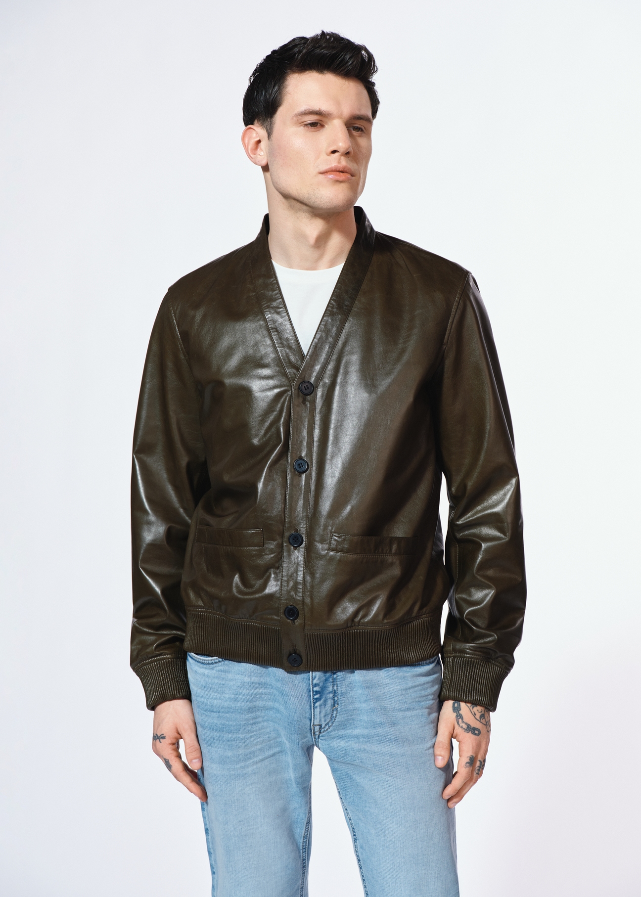 Skórzana kurtka męska khaki KURMS-0371-2855(W25)-01