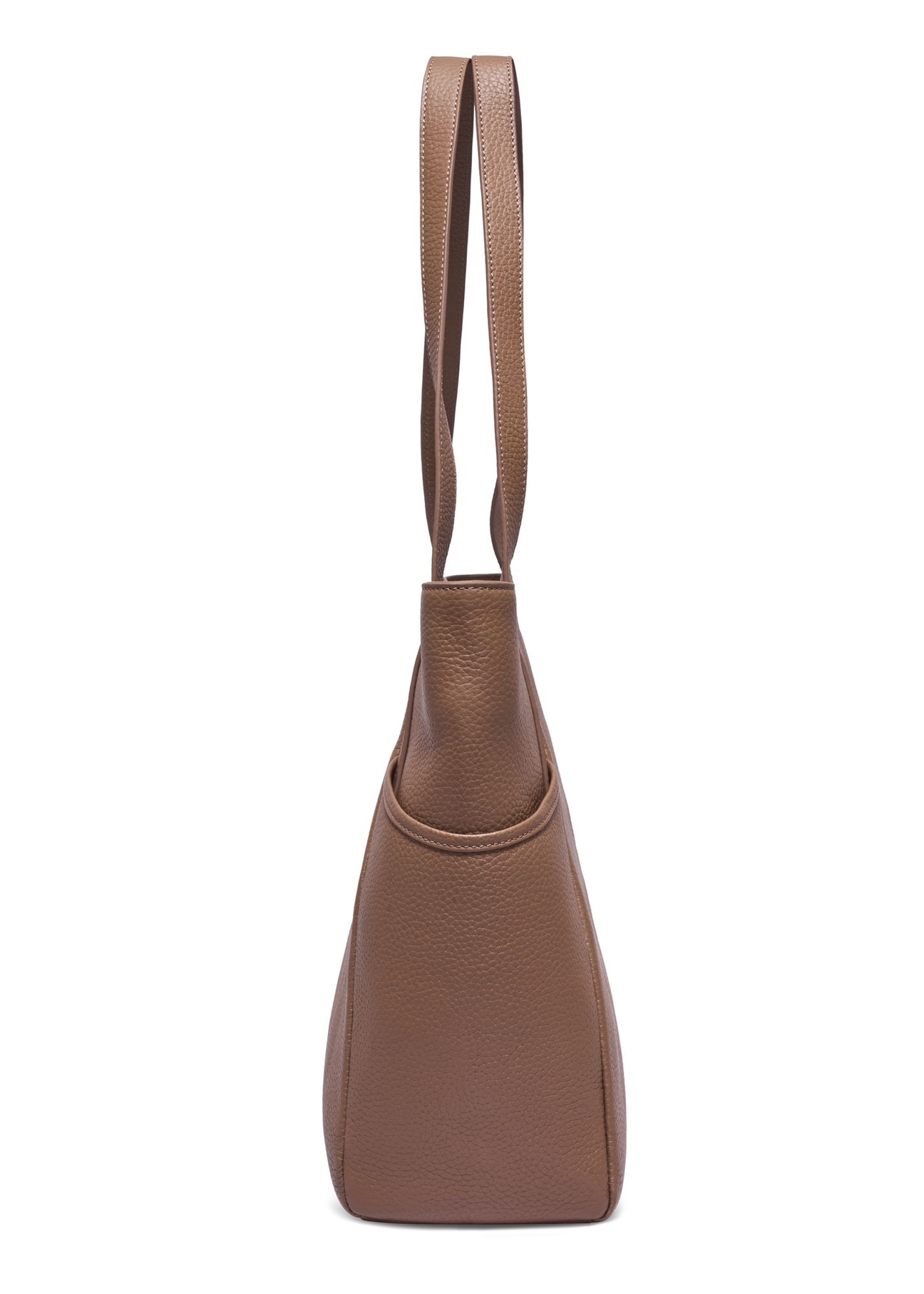 Skórzana torebka shopper w kolorze chłodnego beżu TORES-0980-1K(Z26) - widok produktu z boku, na białym tle.