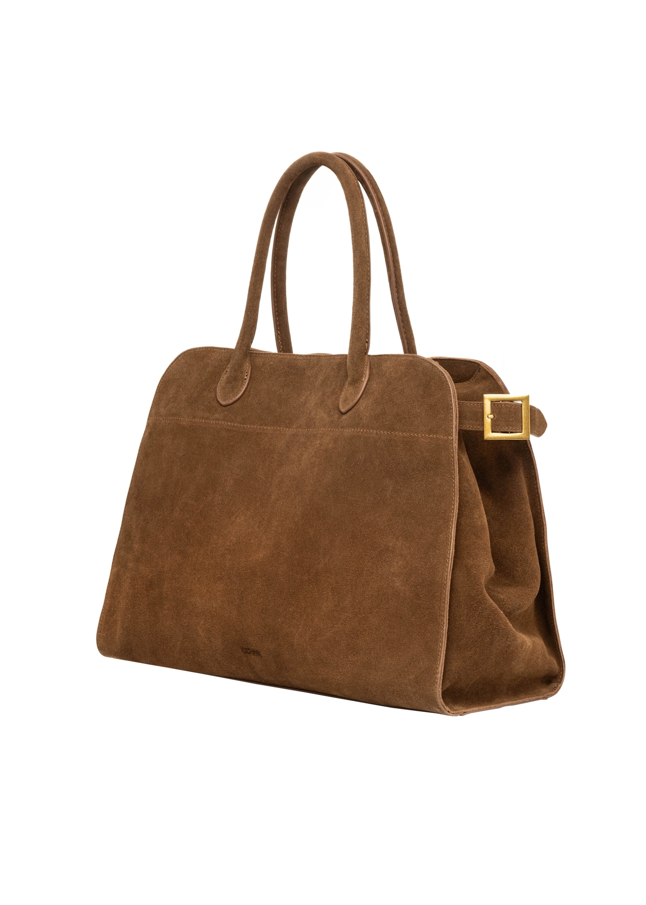 Koniakowa skórzana torebka damska typu shopper TORES-1412-1F(Z26). Widok od boku skosem na białym tle.