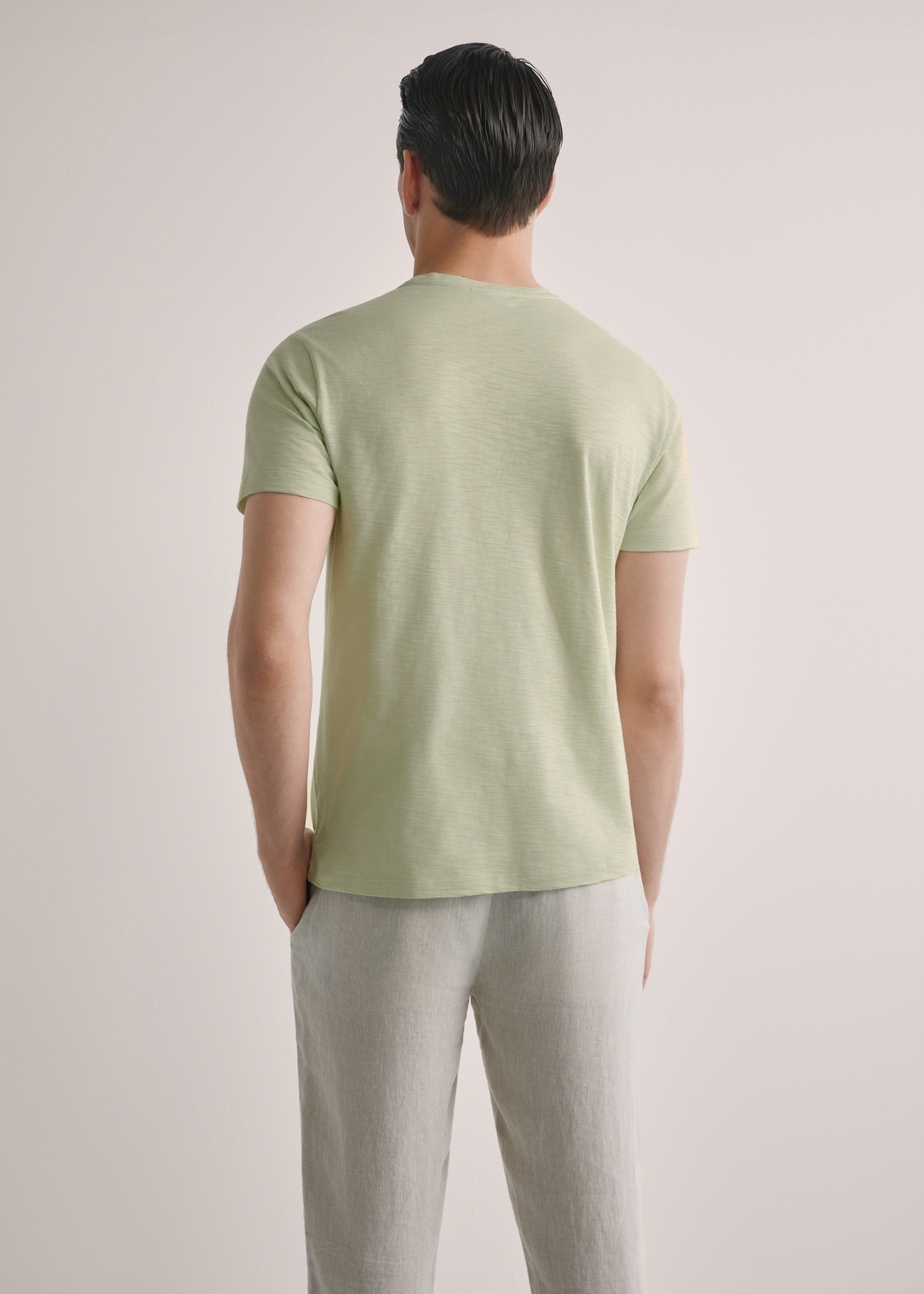 Bawełniany T-shirt męski w kolorze szałwiowym TSHMT-0149-8F(W26), widok produktu z tyłu na modelu. Widoczna połowa sylwetki.