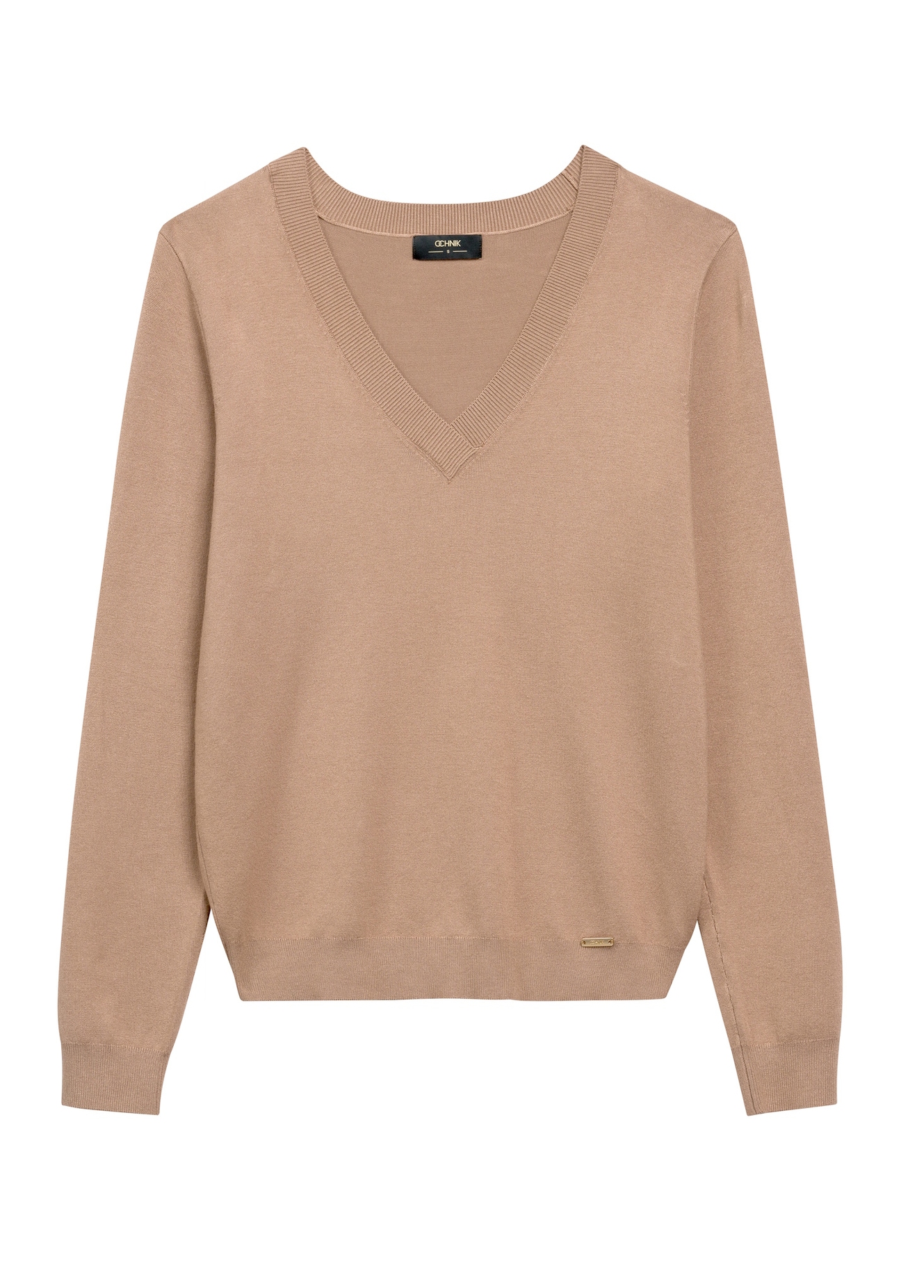 Sweter damski z dekoltem V-neck w kolorze camelu SWEDT-0201-1D(W26), widok produktu z przodu na białym tle.