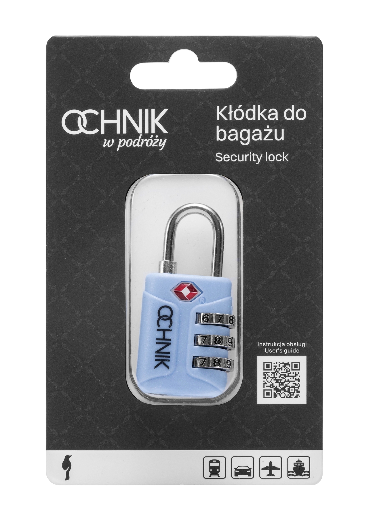 Niebieska szyfrowa kłódka TSA AW-015-0003-61(W25), widok produktu w opakowaniu na białym tle.