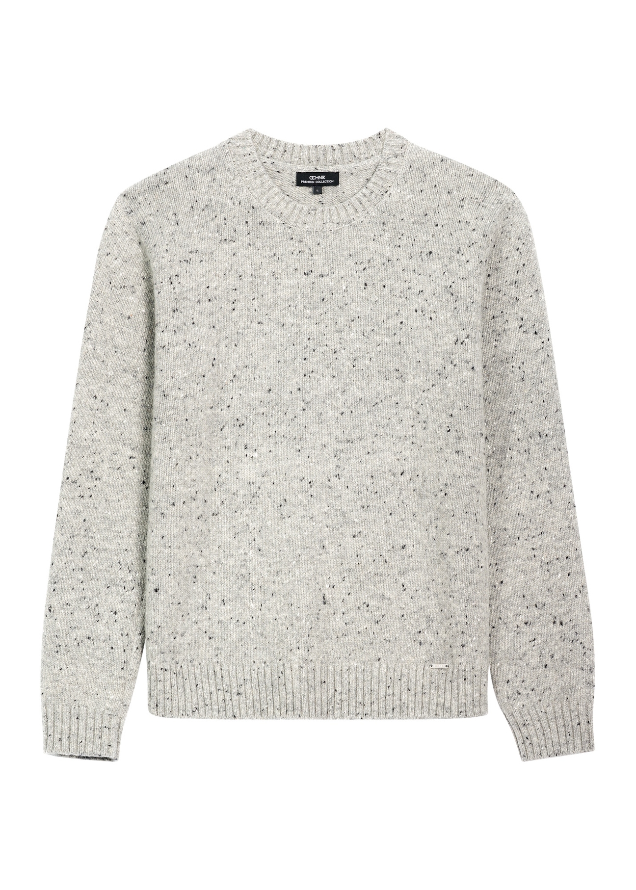Jasnoszary sweter męski z wełną SWEMT-0173-9B(Z26), widok produktu z przodu na białym tle.