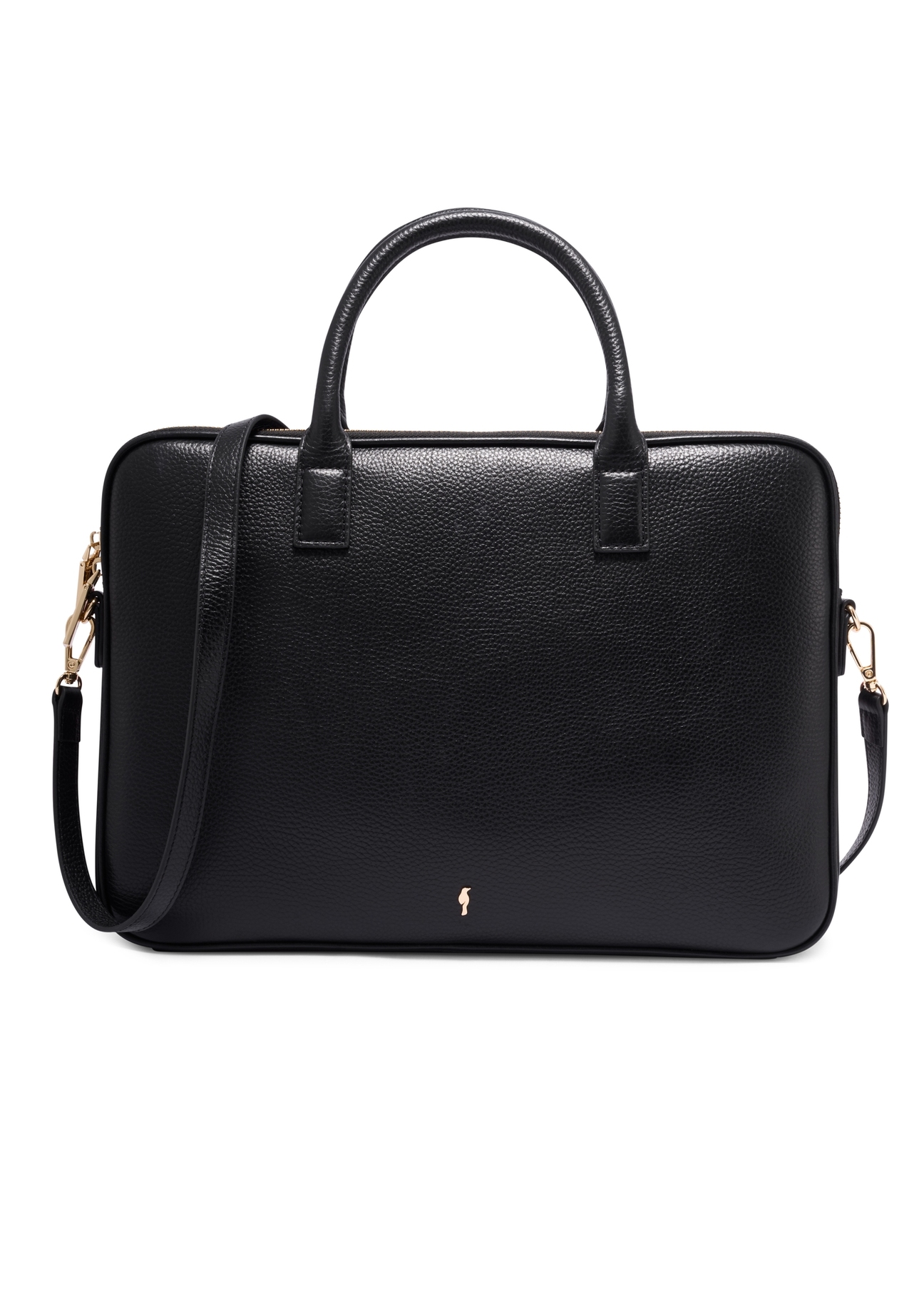 Czarna elegancka skórzana torba na laptopa TORES-1344-9I(Z26),widok produktu z przodu na białym tle.