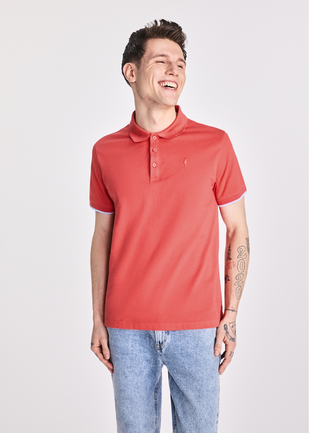 Koralowa koszulka polo męska z bawełny POLMT-0045B-18(W25)-02