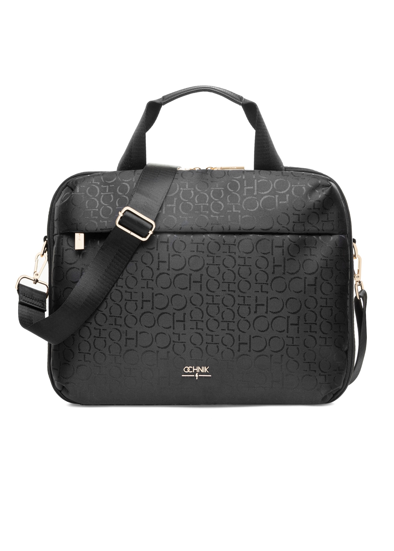 Czarna torba damska z monogramem TOREN-0299-99(W25), widok produktu z przodu na białym tle.