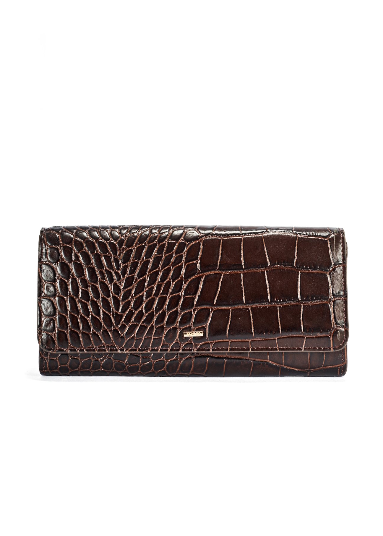 Brązowy portfel damski croco PORES-0954-89(W25) - widok produktu z przodu na białym tle. 