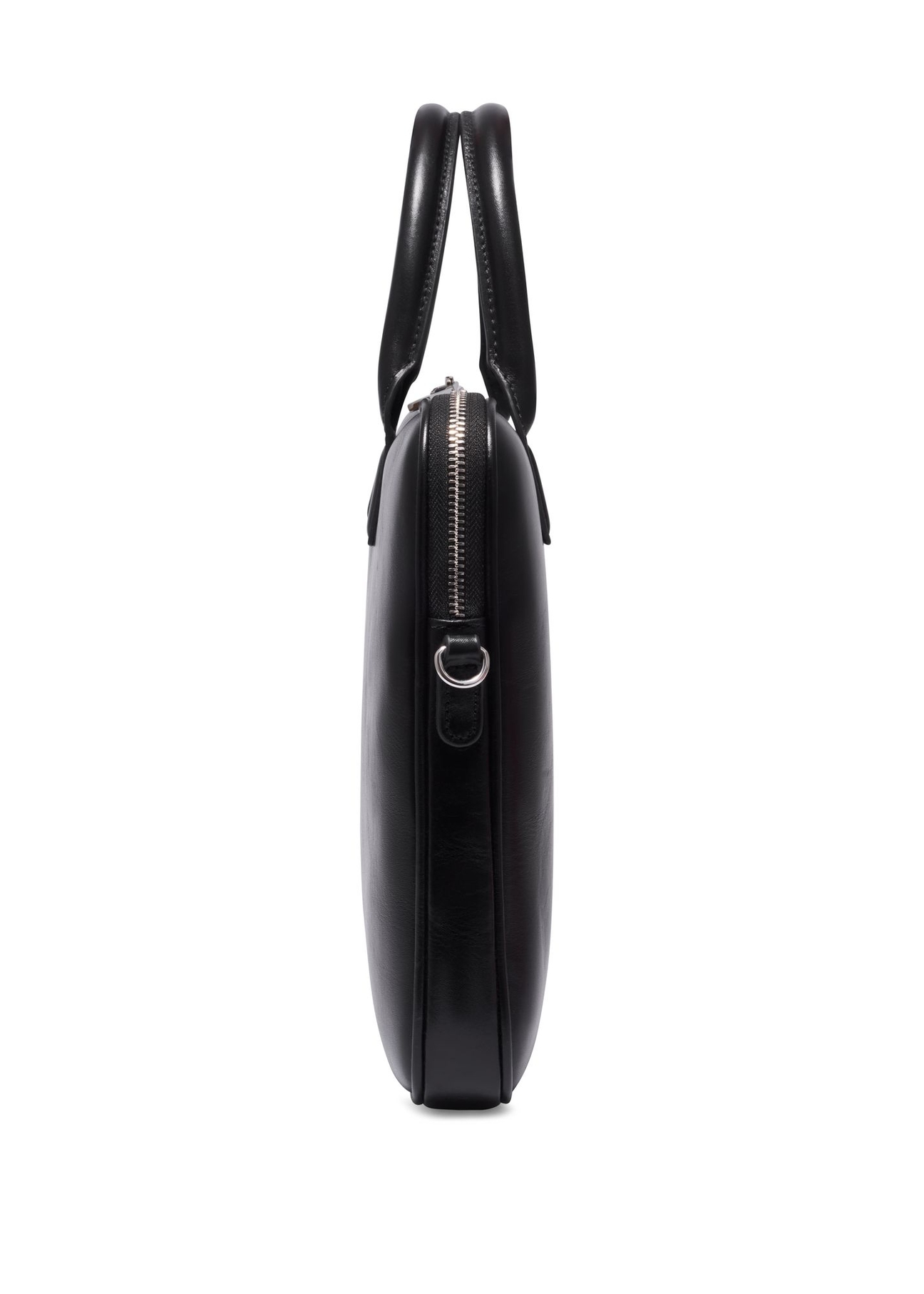 Czarna skórzana elegancka torba na laptopa TORES-1344-99(Z26) - widok produktu z boku, na białym tle. 