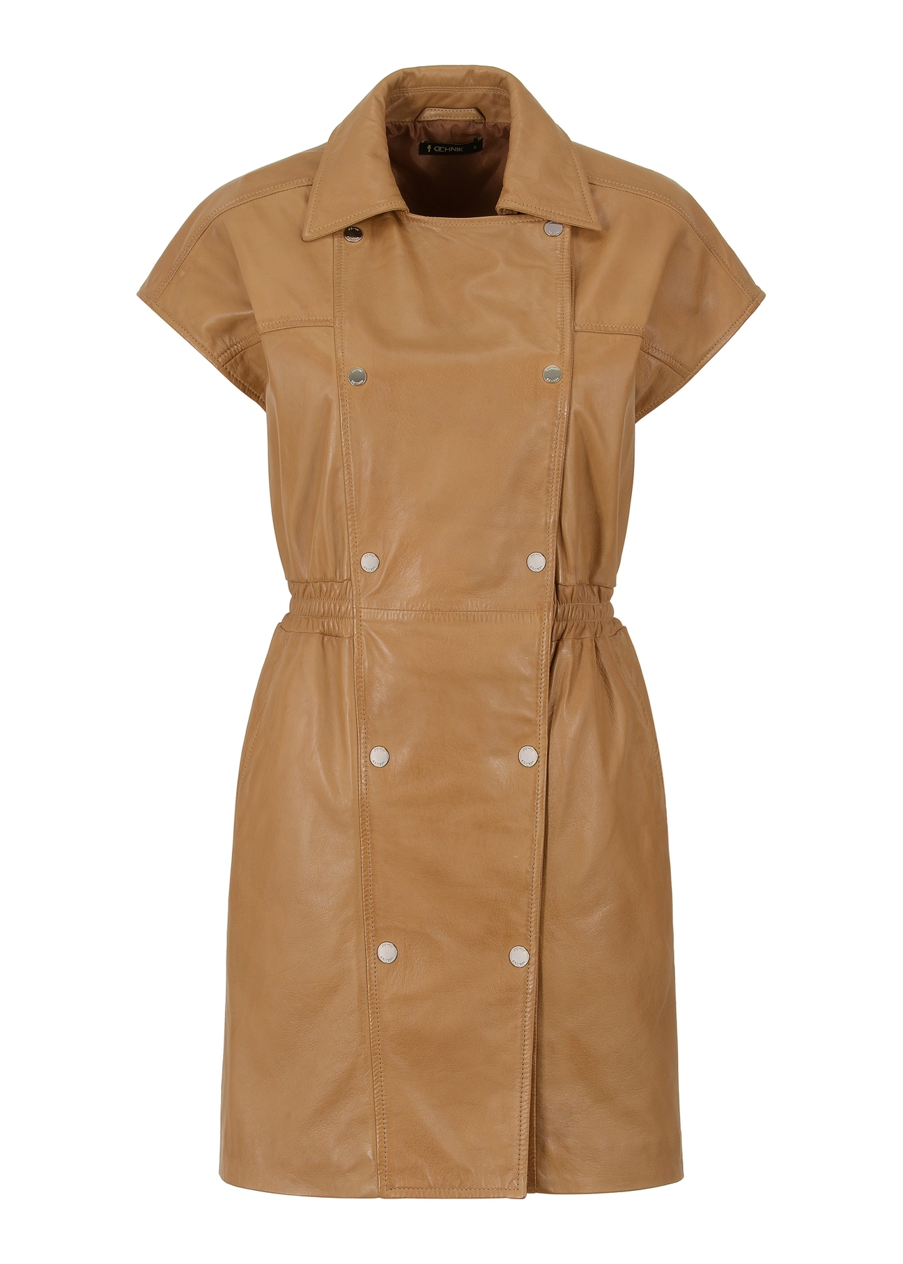 Skórzana taliowana sukienka w kolorze camel SUKDS-0049-1336(Z23)-05