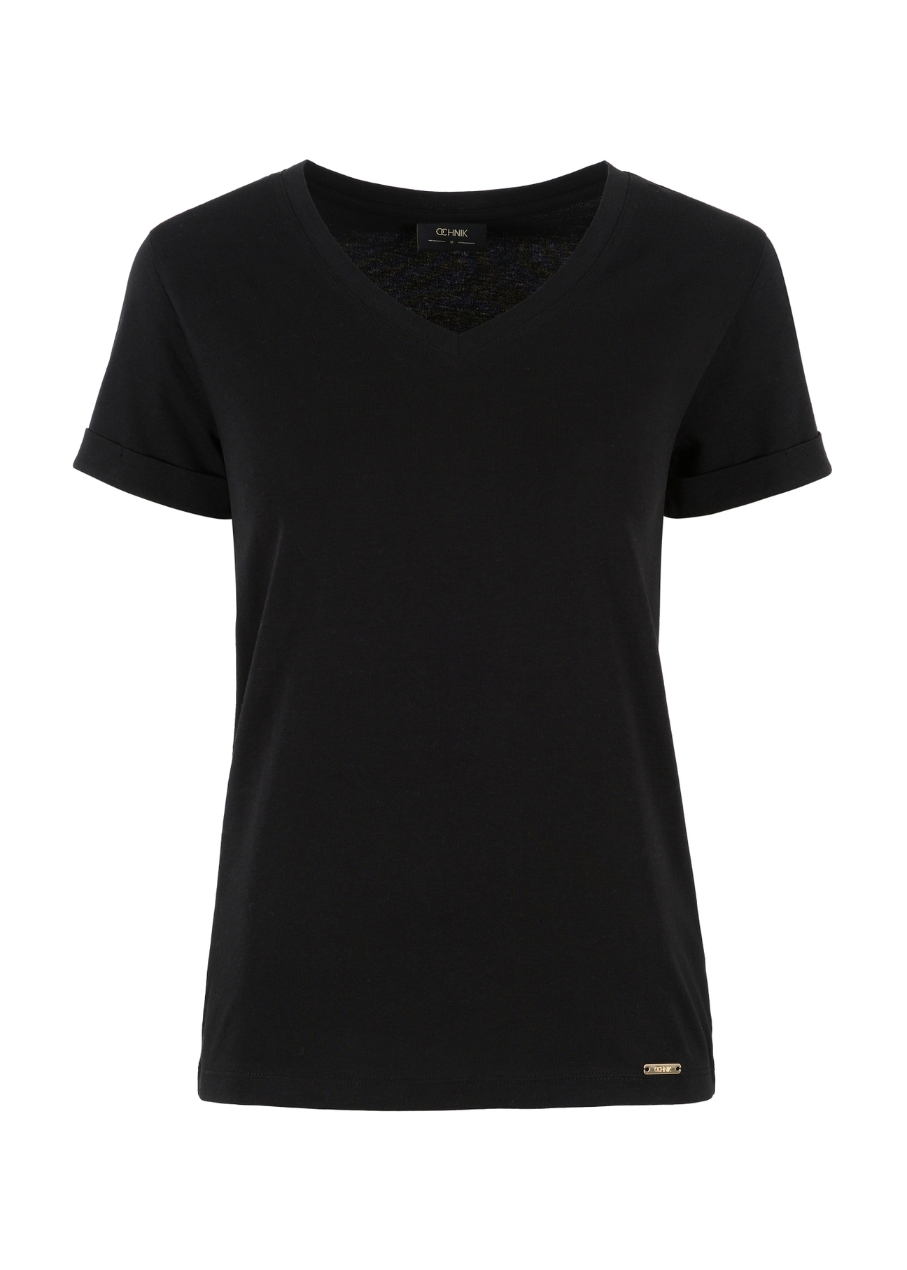 Czarny T-shirt damski w serek TSHDT-0118-99(W24)-03