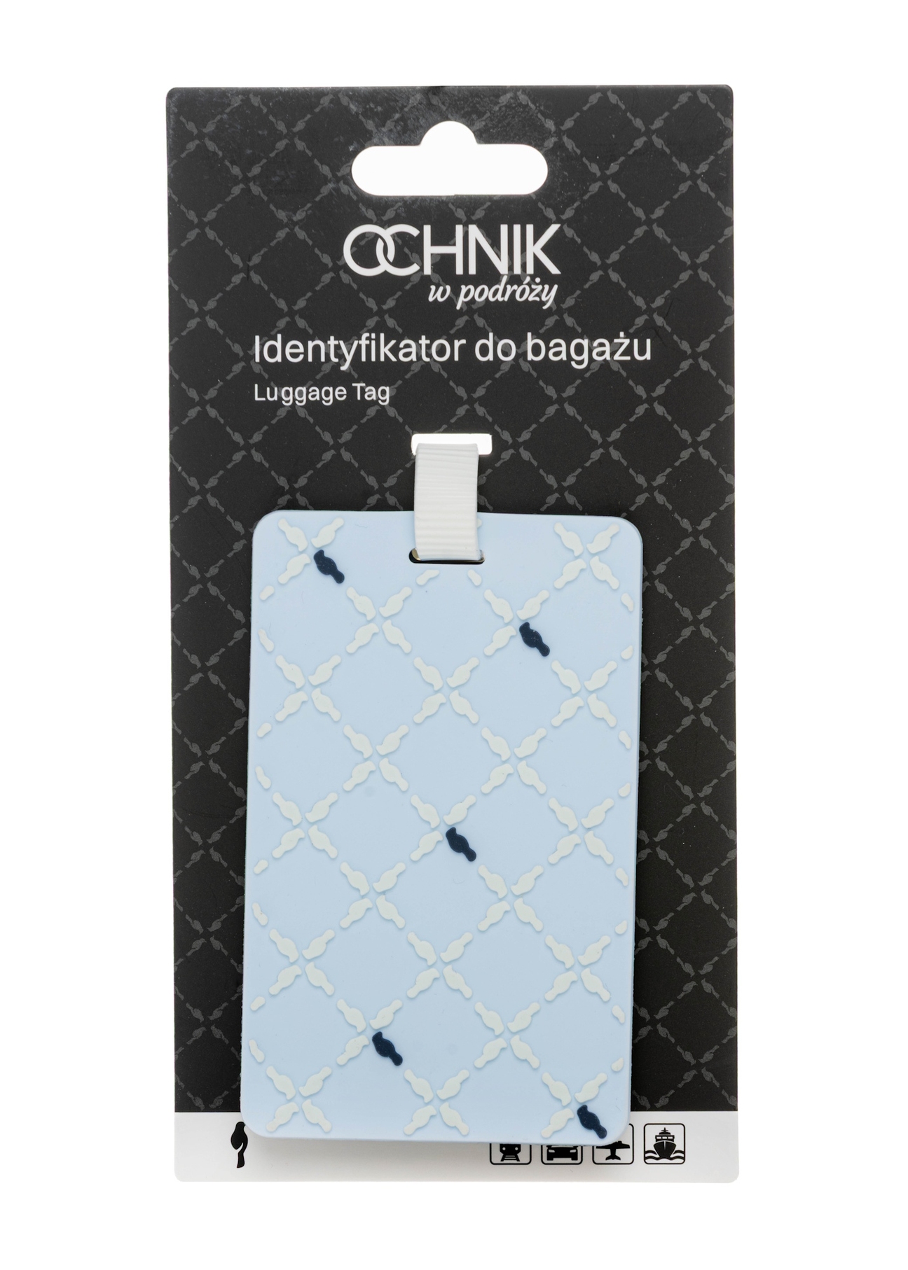 Identyfikator do bagażu AW-012-0007-7P(W26), widok produktu z opakowaniem na białym tle.