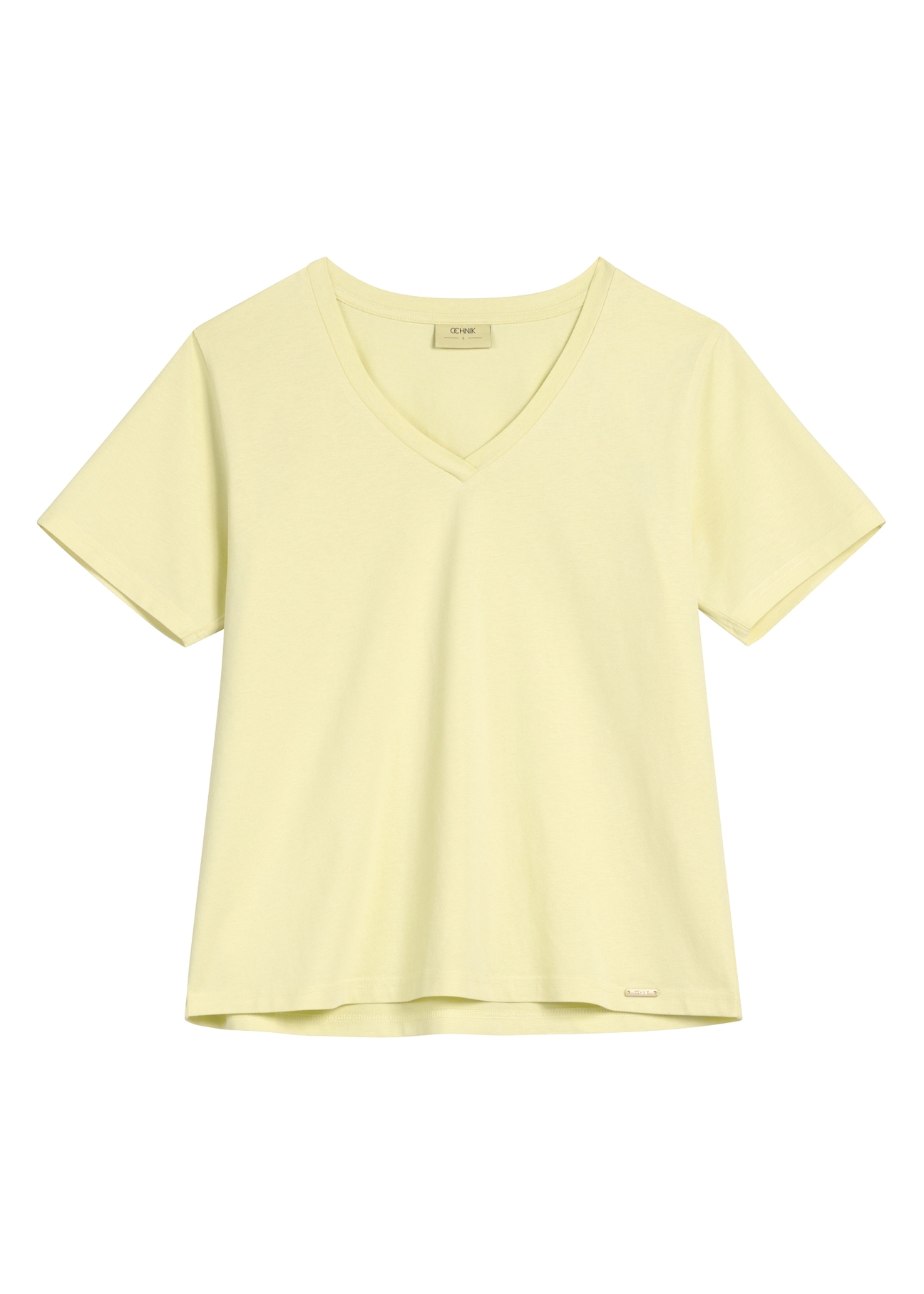 Jasnożółty T-shirt damski basic TSHDT-0120-2A(W26) - widok produktu z przodu, na białym tle. 