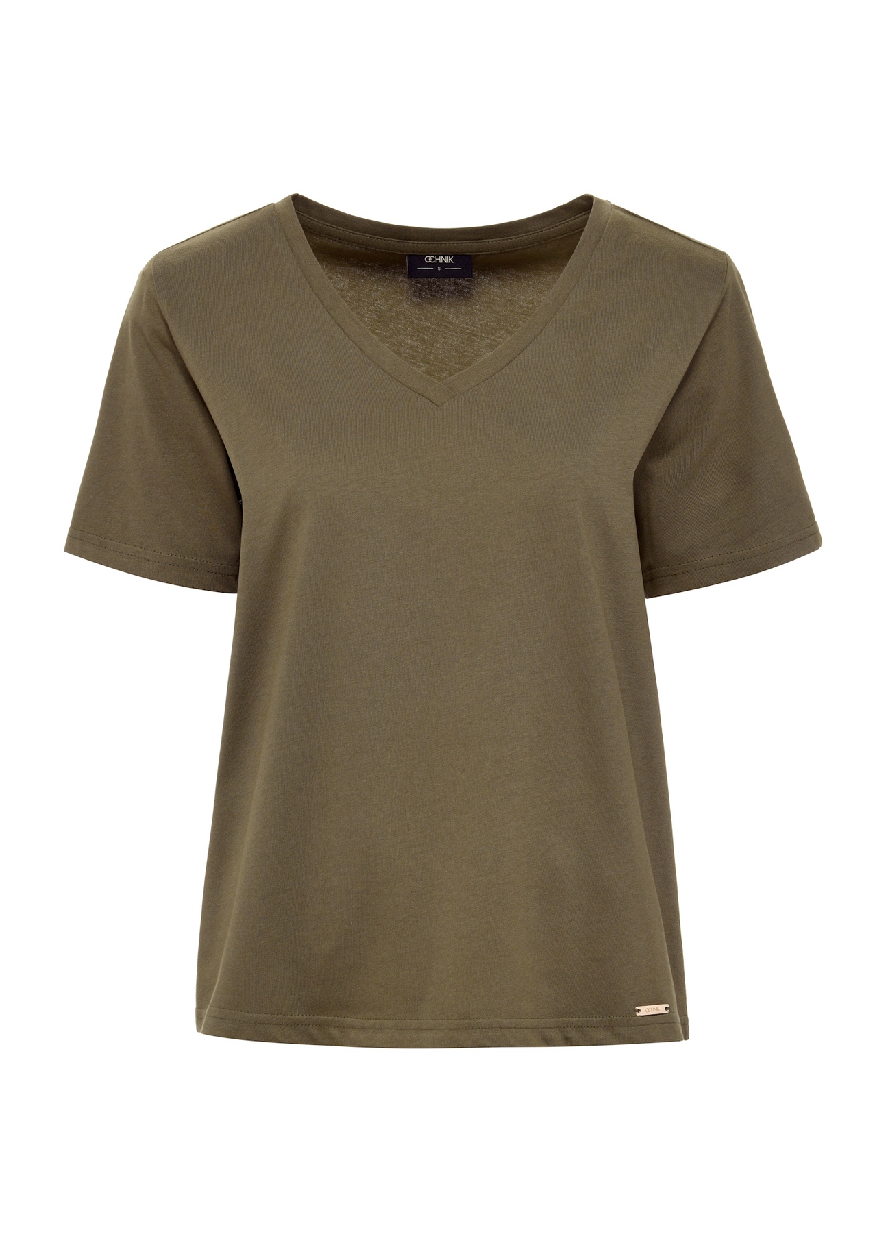 Khaki t-shirt damski basic TSHDT-0120-54(W25), widok produktu z przodu na białym tle.