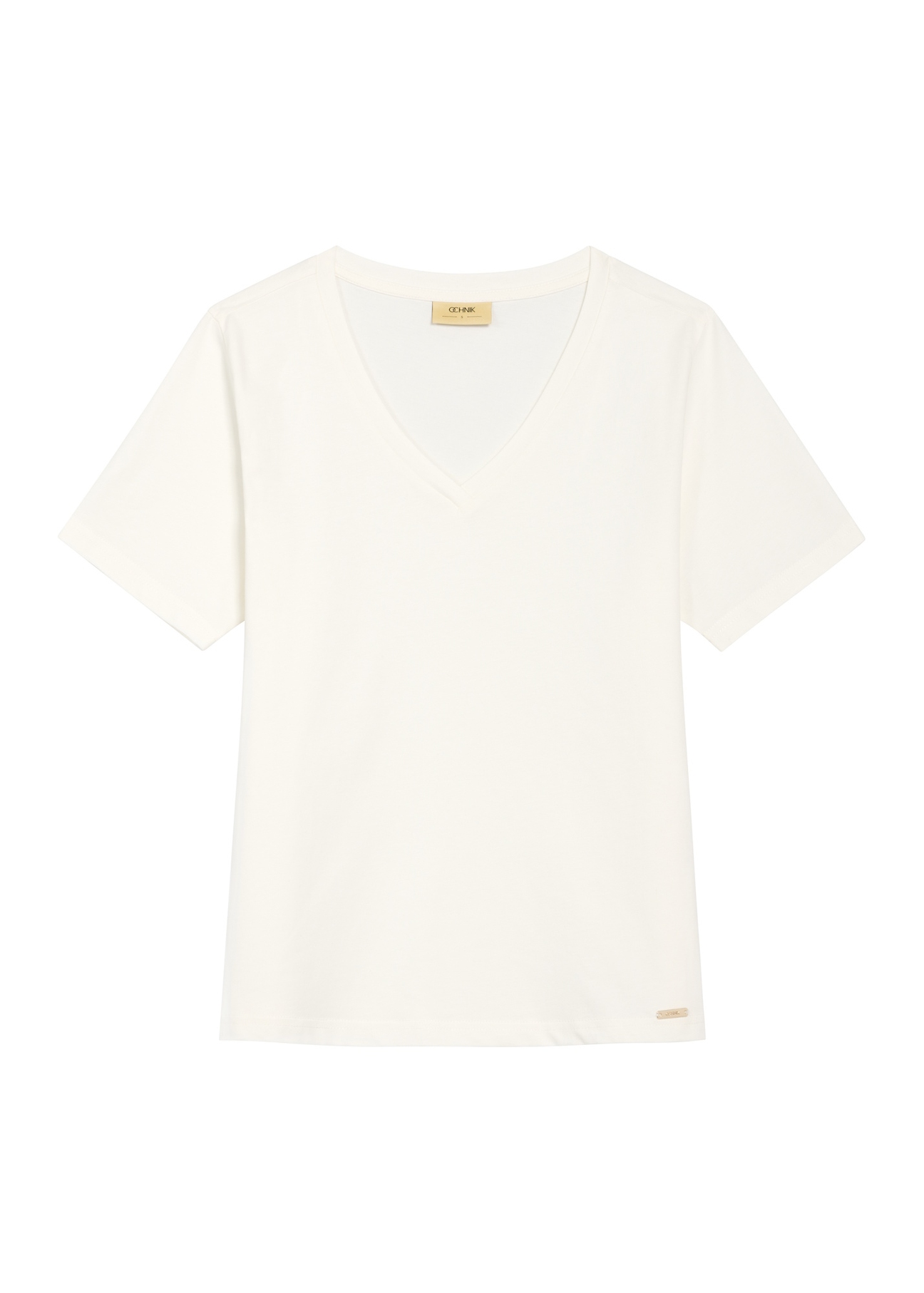 Kremowy T-shirt damski basic TSHDT-0120-0B(W26), widok produktu z przodu na białym tle.