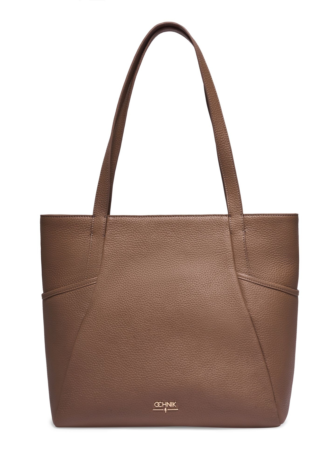 Skórzana torebka shopper w kolorze chłodnego beżu TORES-0980-1K(Z26) - widok produktu z przodu, na białym tle.