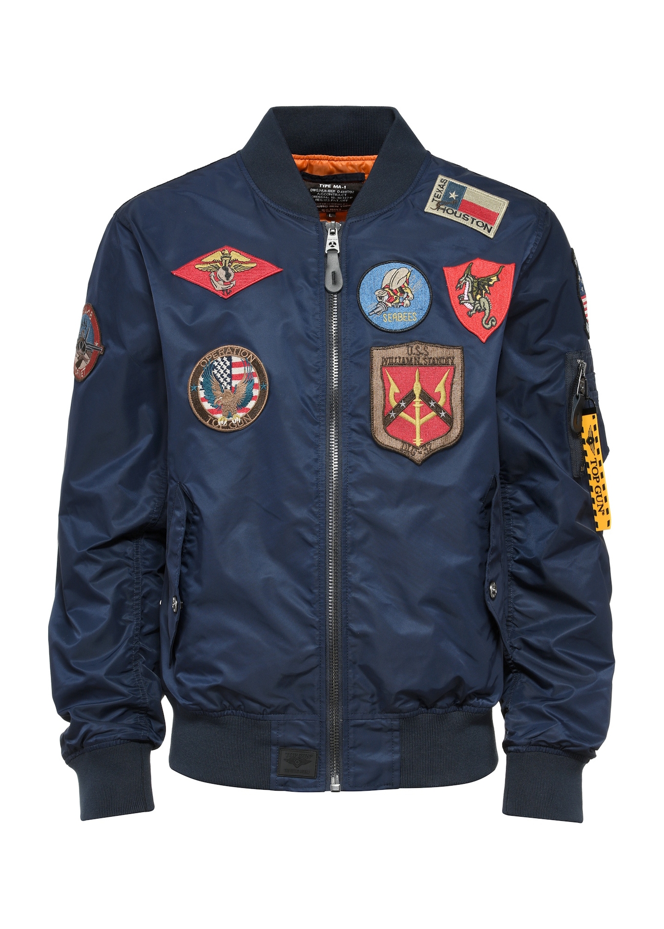 Granatowa męska kurtka pilotka TOP GUN KURMT-0381-69(W25) - widok produktu z przodu na modelu na białym tle.  