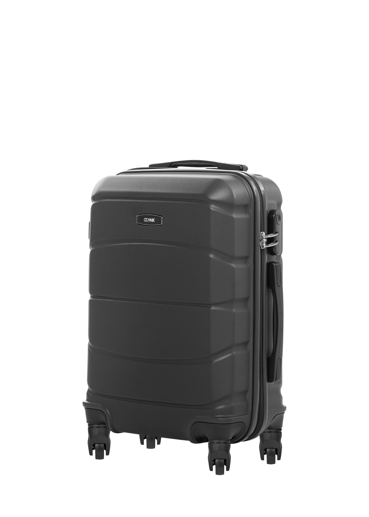 Walizka mała na kółkach WALAB-0077-9I-19(W26) - widok produktu lekko po skosie, na białym tle.