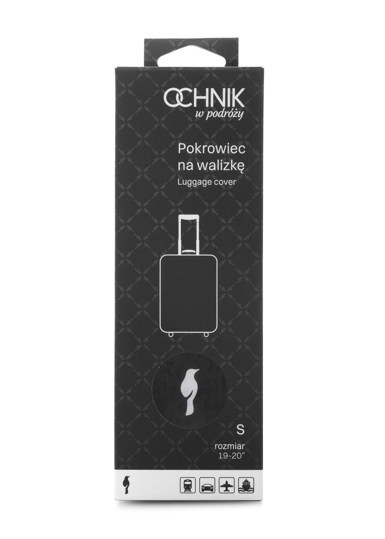 Czarny pokrowiec na małą walizkę AW-013-0002-99-S(W25), widok produktu w opakowaniu na białym tle.