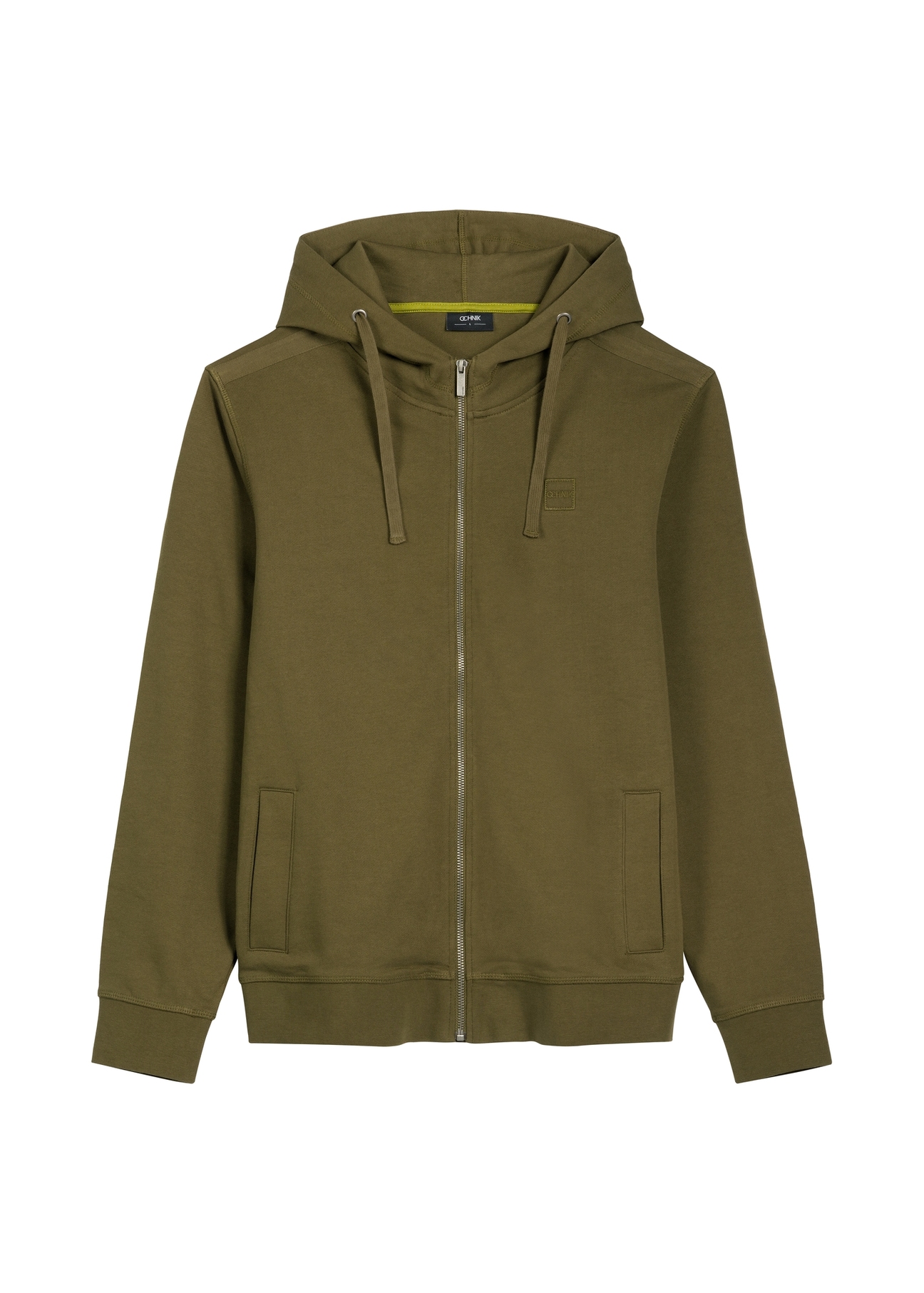Bluza męska z suwakiem w kolorze khaki BLZMT-0078-8D(W26), widok produktu z przodu na białym tle.