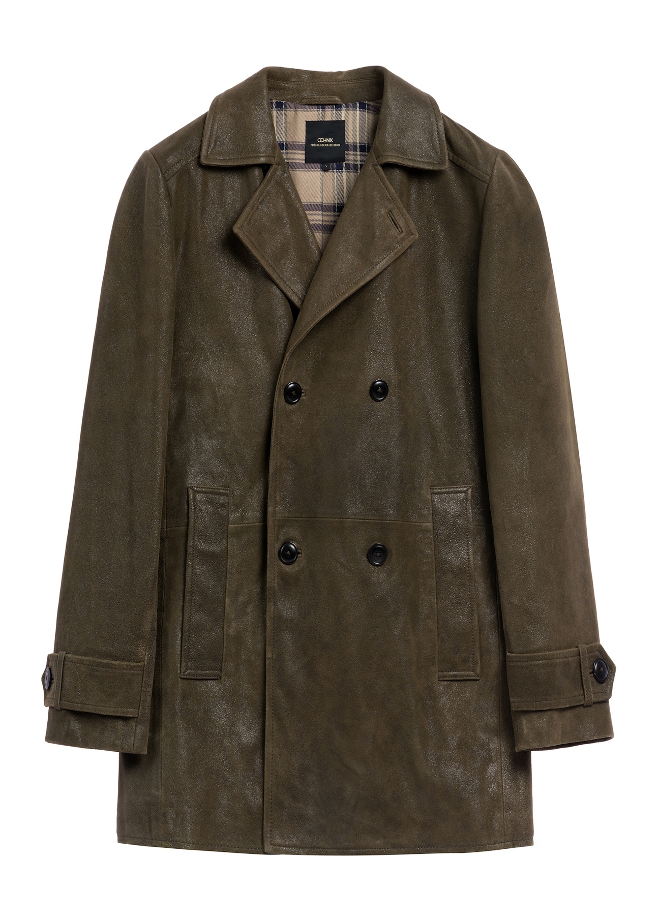 Skórzany płaszcz męski w kolorze khaki KURMS-0409A-8D(Z26), widok produktu z przodu na białym tle.