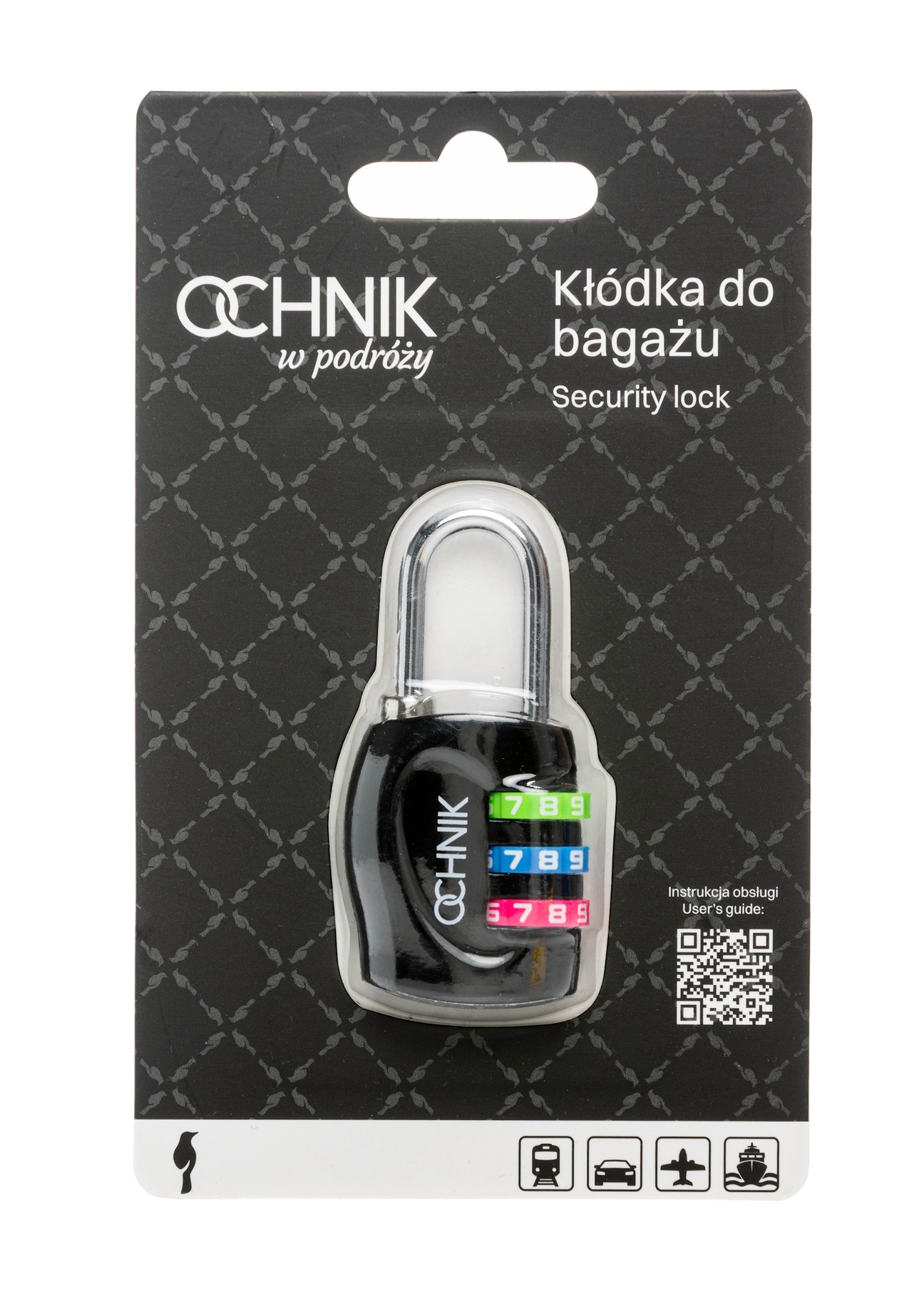 Czarna szyfrowa kłódka AW-015-0005-99(W26), widok produktu w opakowaniu na białym tle.