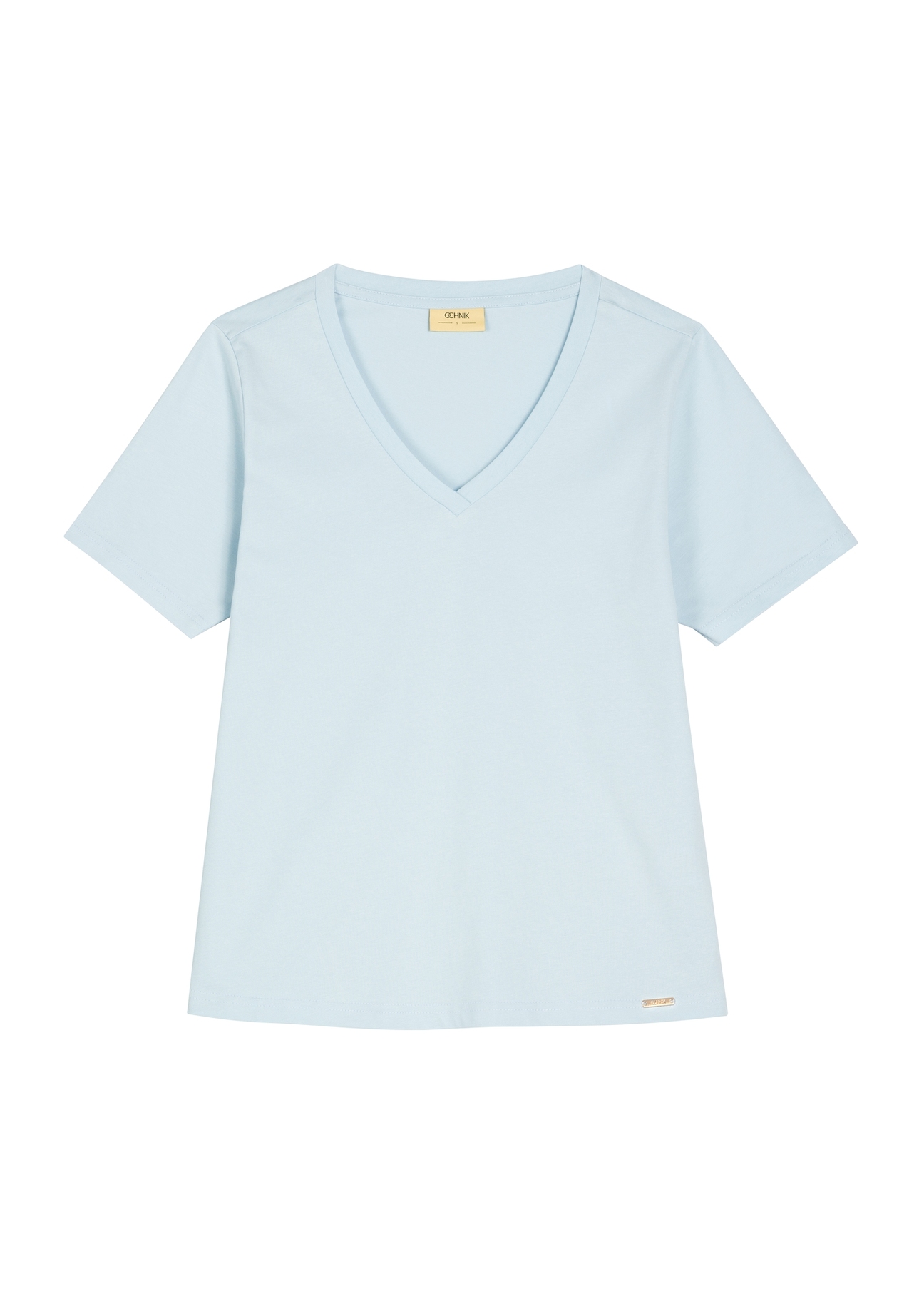Jasnoniebieski T-shirt damski basic TSHDT-0120-7A(W26), widok produktu z przodu na białym tle.
