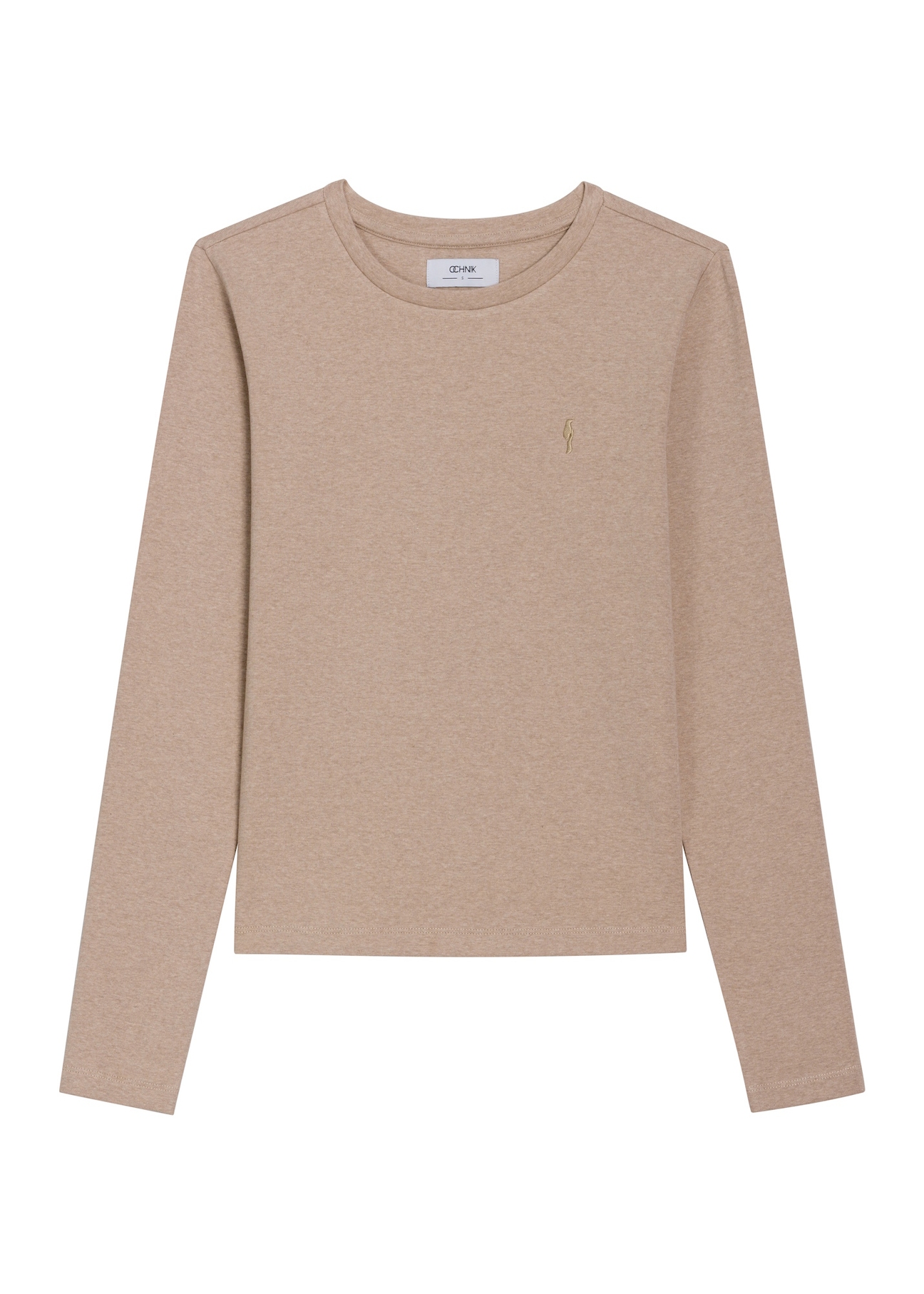 Jasnobeżowy bawełniany longsleeve damski LSLDT-0061-1J(Z26), widok produktu z przodu na białym tle.
